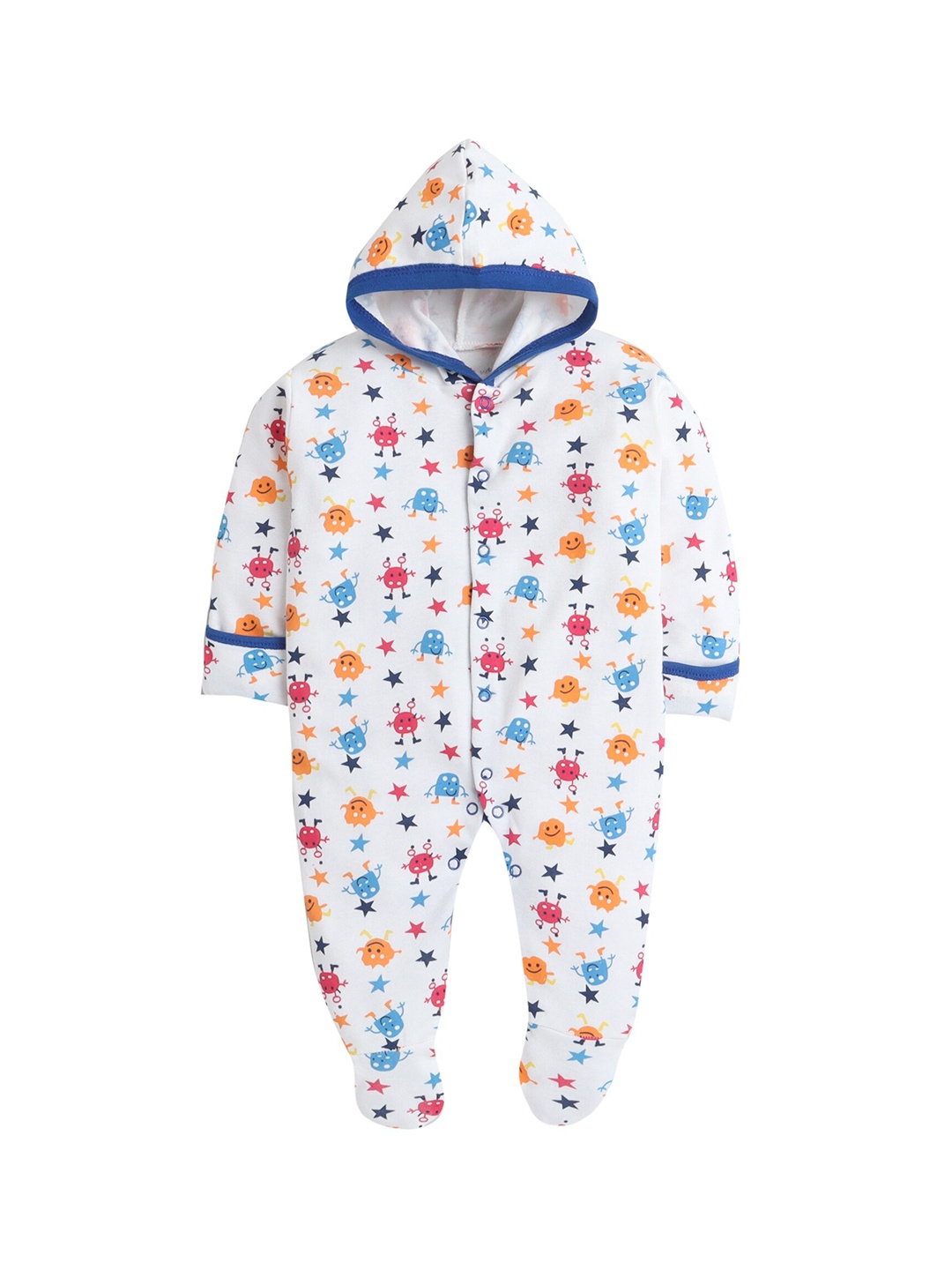 

Hopscotch Unisex Kids White & Blue Printed & Hooded Bodysuit