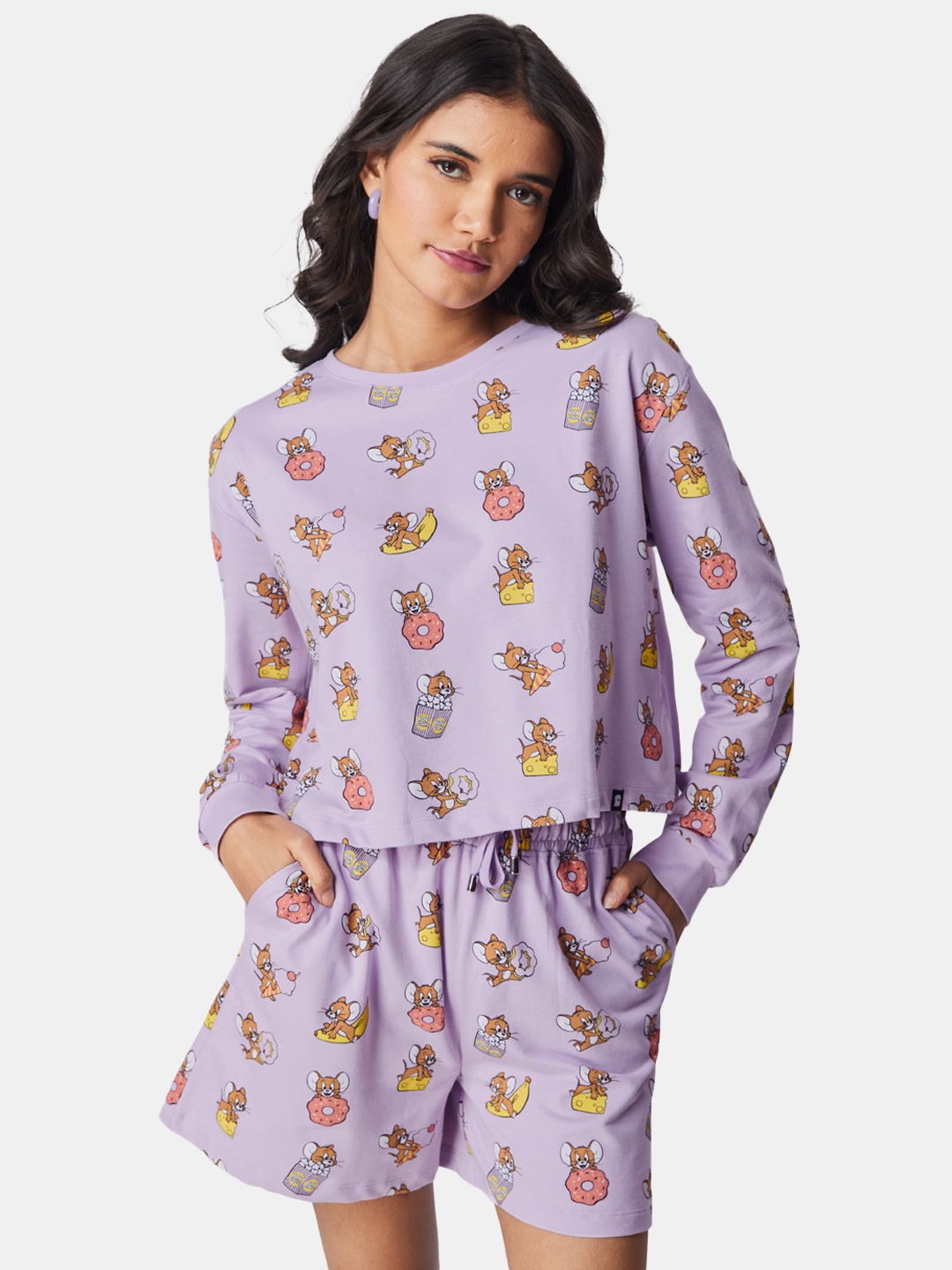 

The Souled Store Women Tom & Jerry Printed Top & Shorts, Lavender