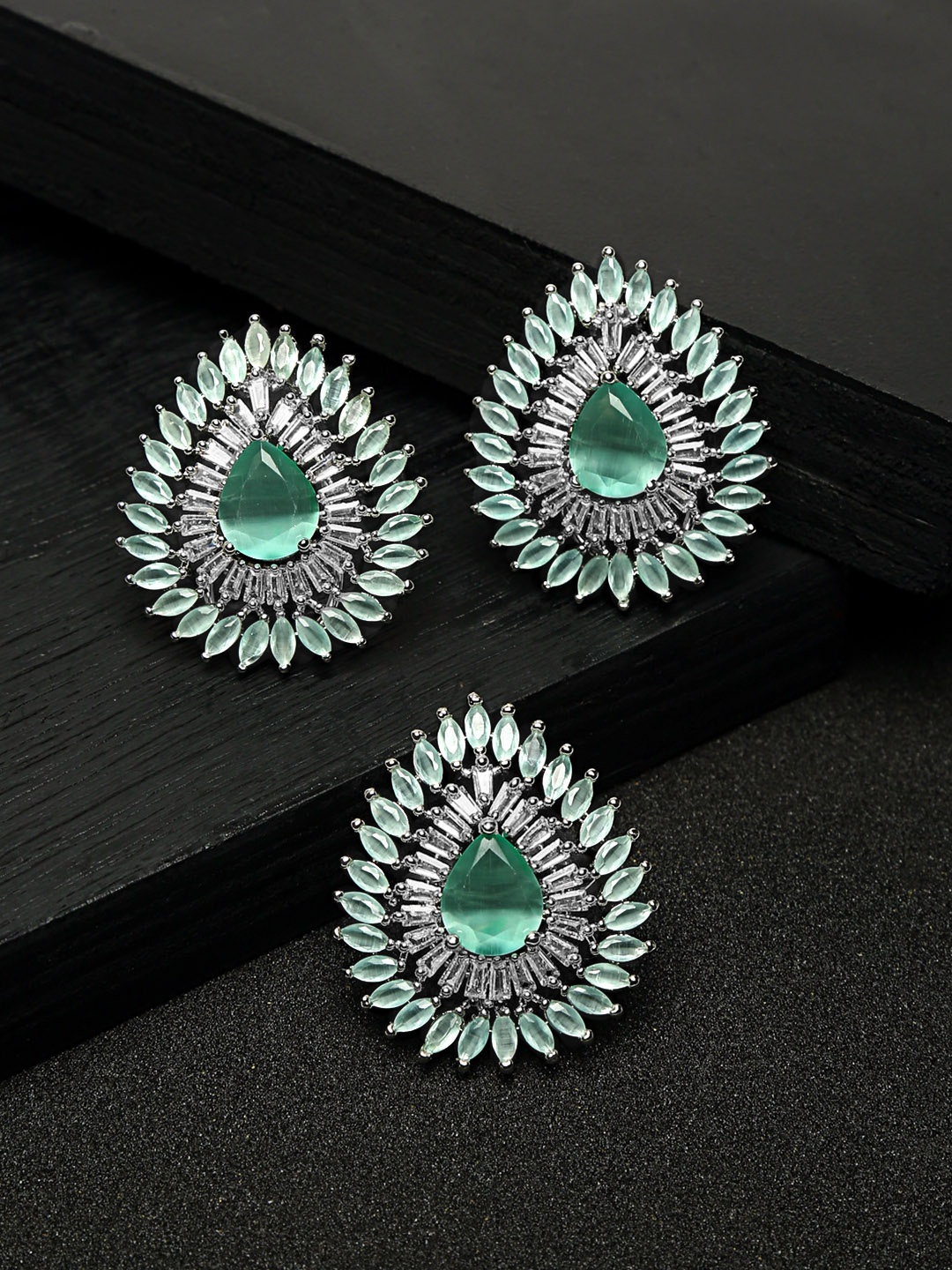 

Yellow Chimes Sea Green Rhodium-Plated AD-Studded Geometric Ring With Drop Earrings