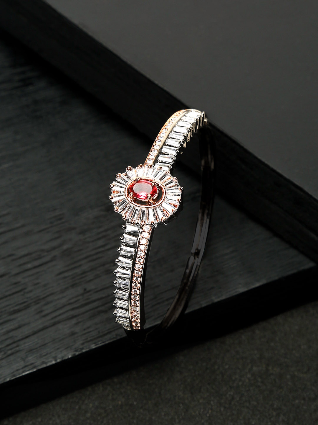 

Yellow Chimes Women Silver-Toned & Red American Diamond Rhodium-Plated Bangle-Style Bracelet