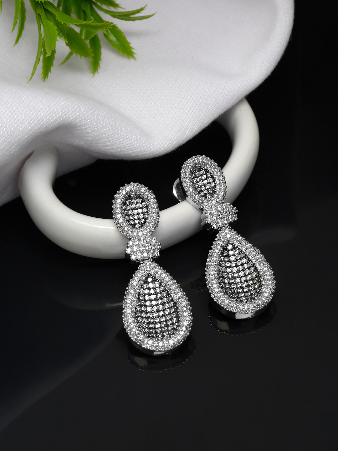 

Yellow Chimes Rhodium-Plated Silver AD-Studded Drop Earrings