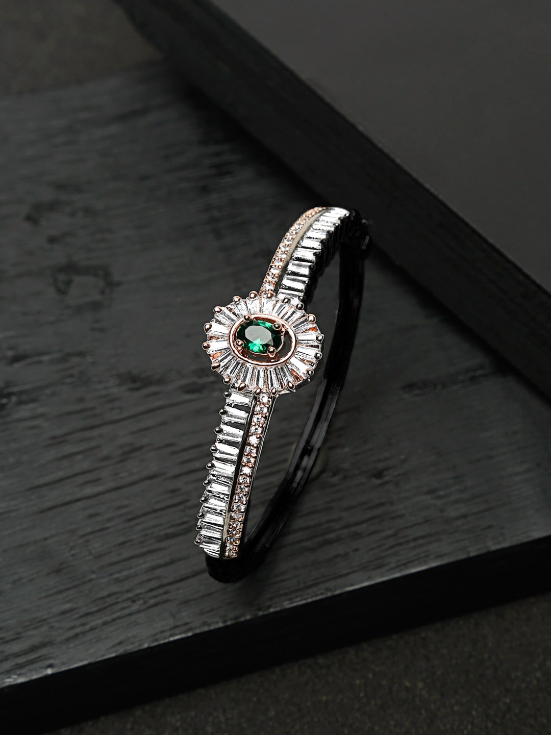 

Yellow Chimes Women Silver-Toned & Green American Diamond Rhodium-Plated Bangle-Style Bracelet