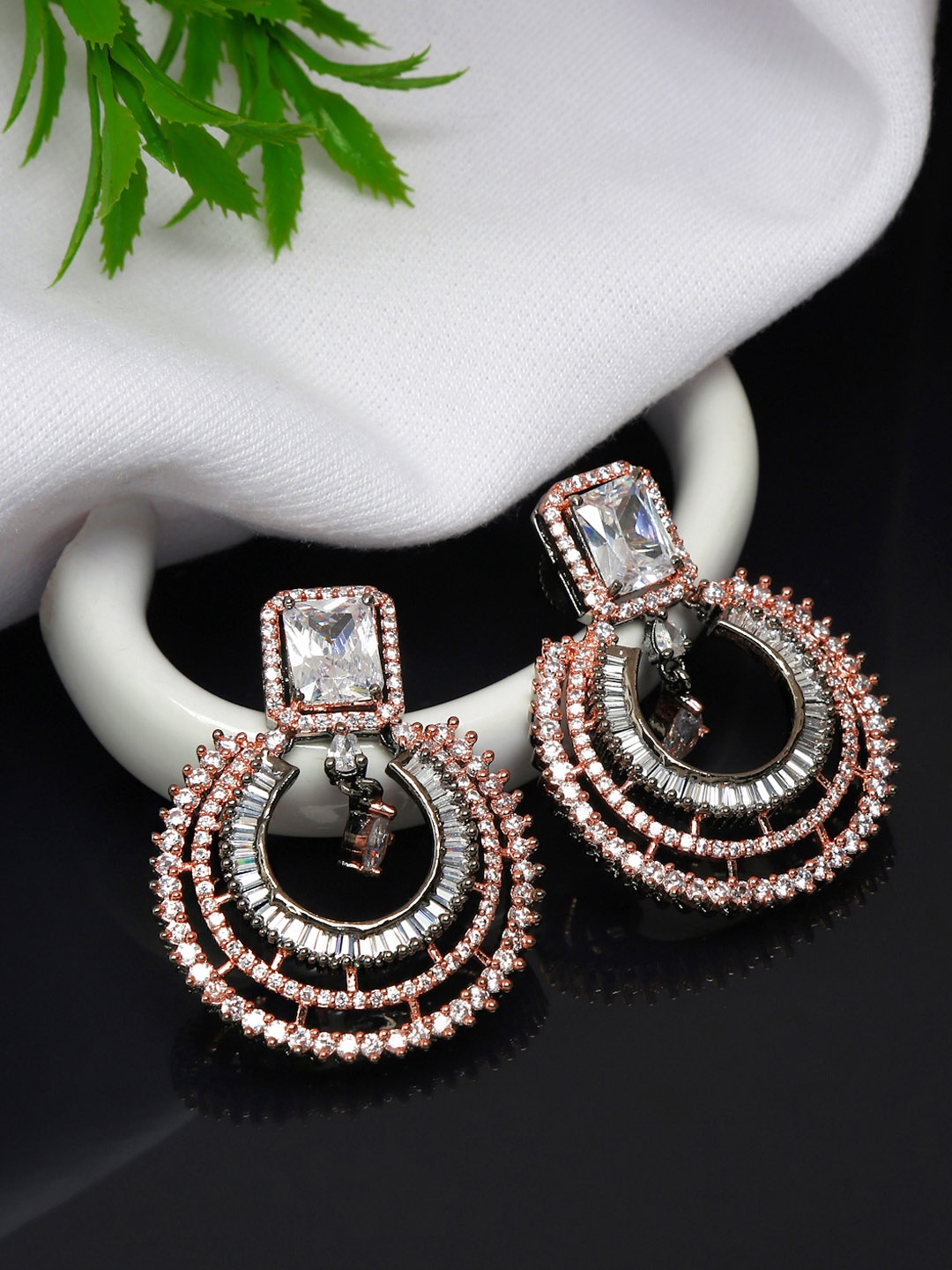 

Yellow Chimes White Rhodium-Plated Rose-Gold Peach & White AD-Studded Drop Earrings