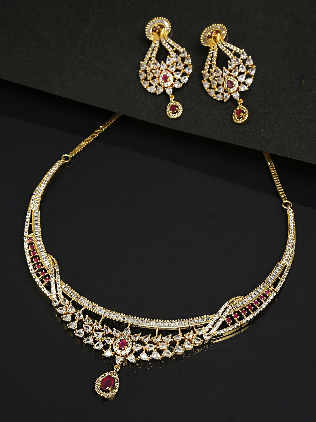 

Yellow Chimes Rhodium Plated White & Gold-toned AD Studded Necklace Set