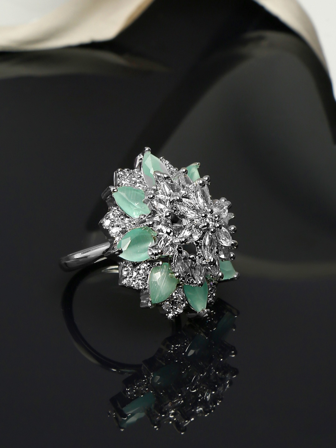 

Yellow Chimes Rhodium-Plated Sea Green AD-Studded Finger Ring