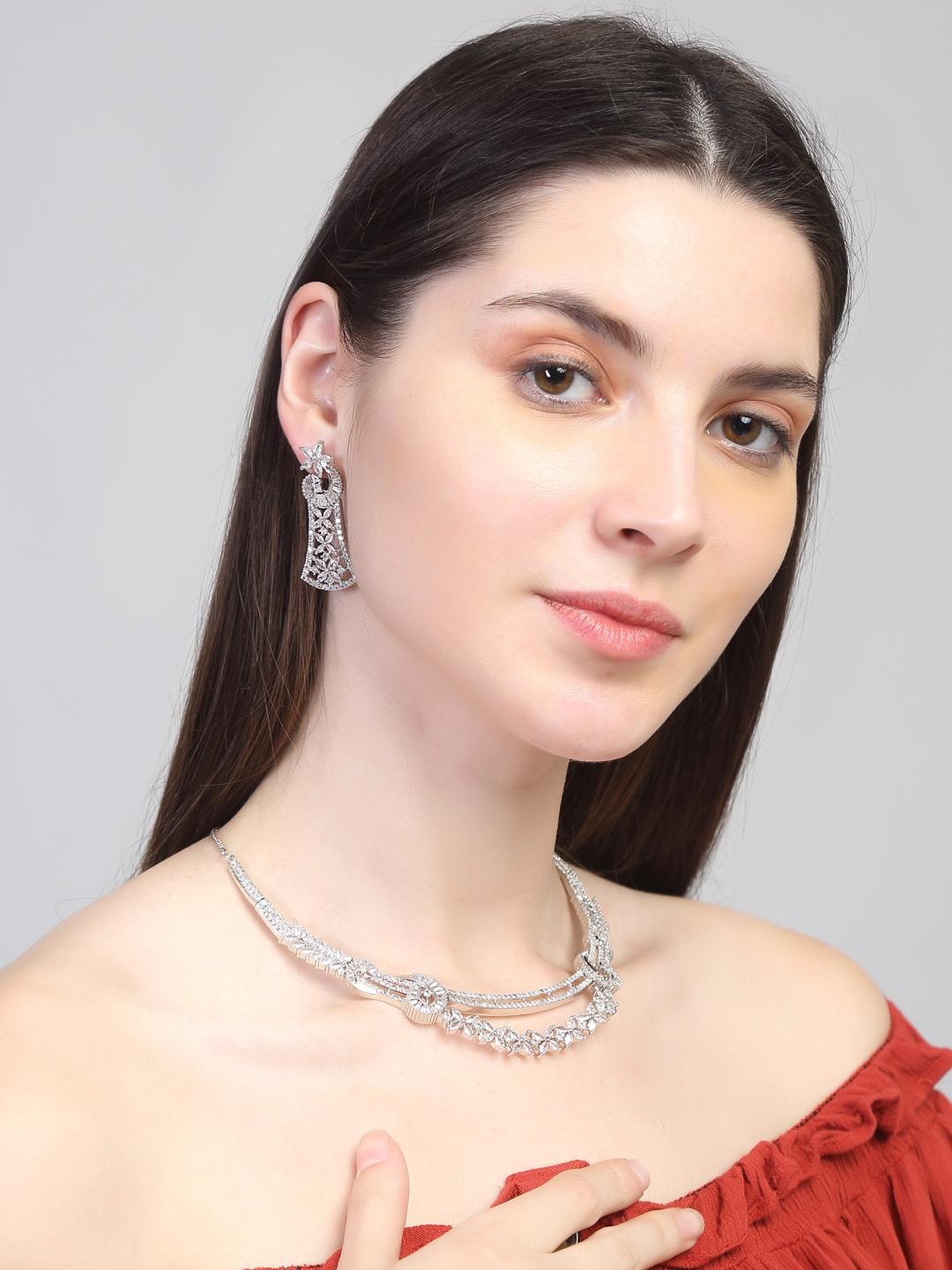 

Yellow Chimes Rhodium-Plated & White AD-Studded Jewellery Set