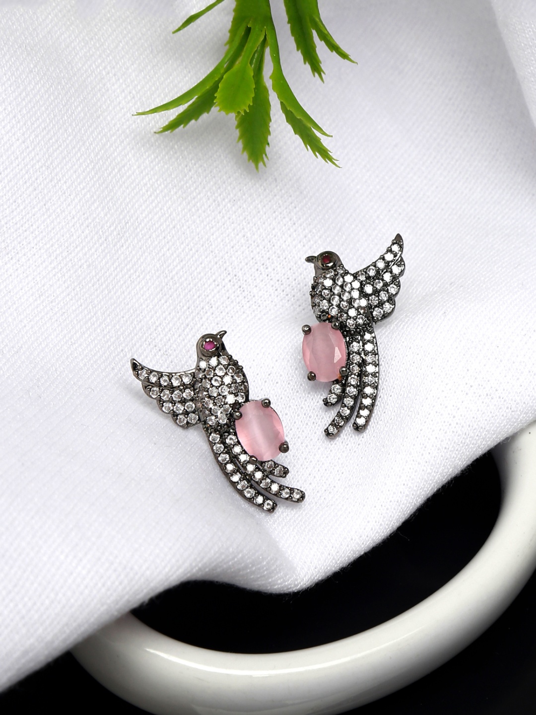 

Yellow Chimes Black & Pink Rhodium-Plated Black AD-Studded Studs Earrings