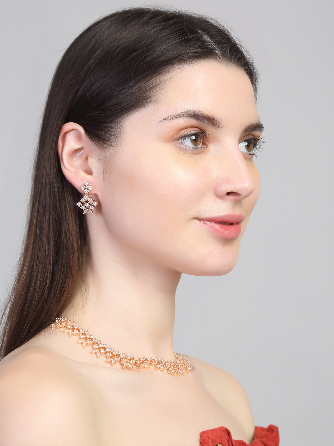 

Yellow Chimes Rhodium-Plated White & Rose Gold-Toned AD-Studded Jewellery Set