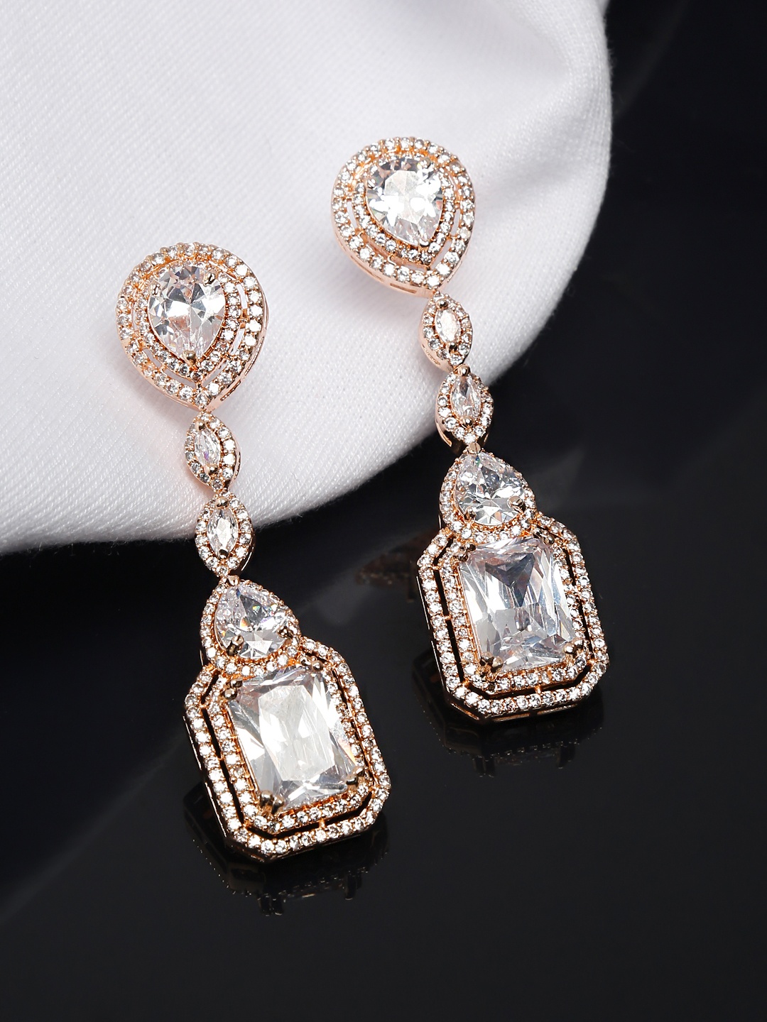 

Yellow Chimes Rhodium-Plated Rose-Gold White AD-Studded Drop Earrings