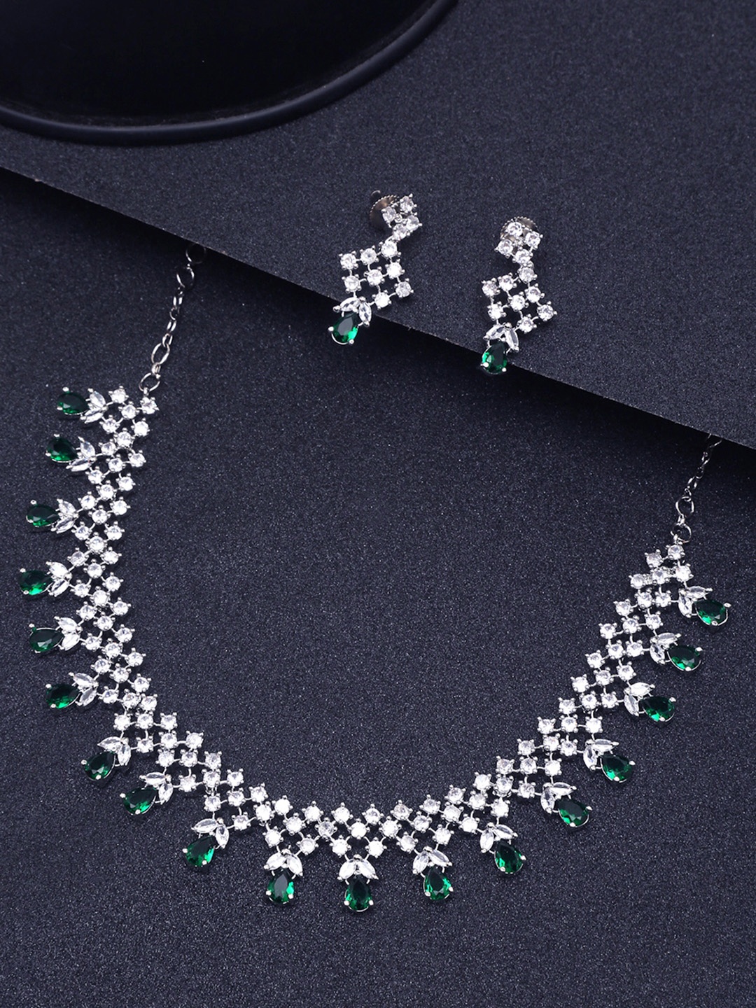 

Yellow Chimes Rhodium Plated American Diamond Studded Jewellery Set, Green