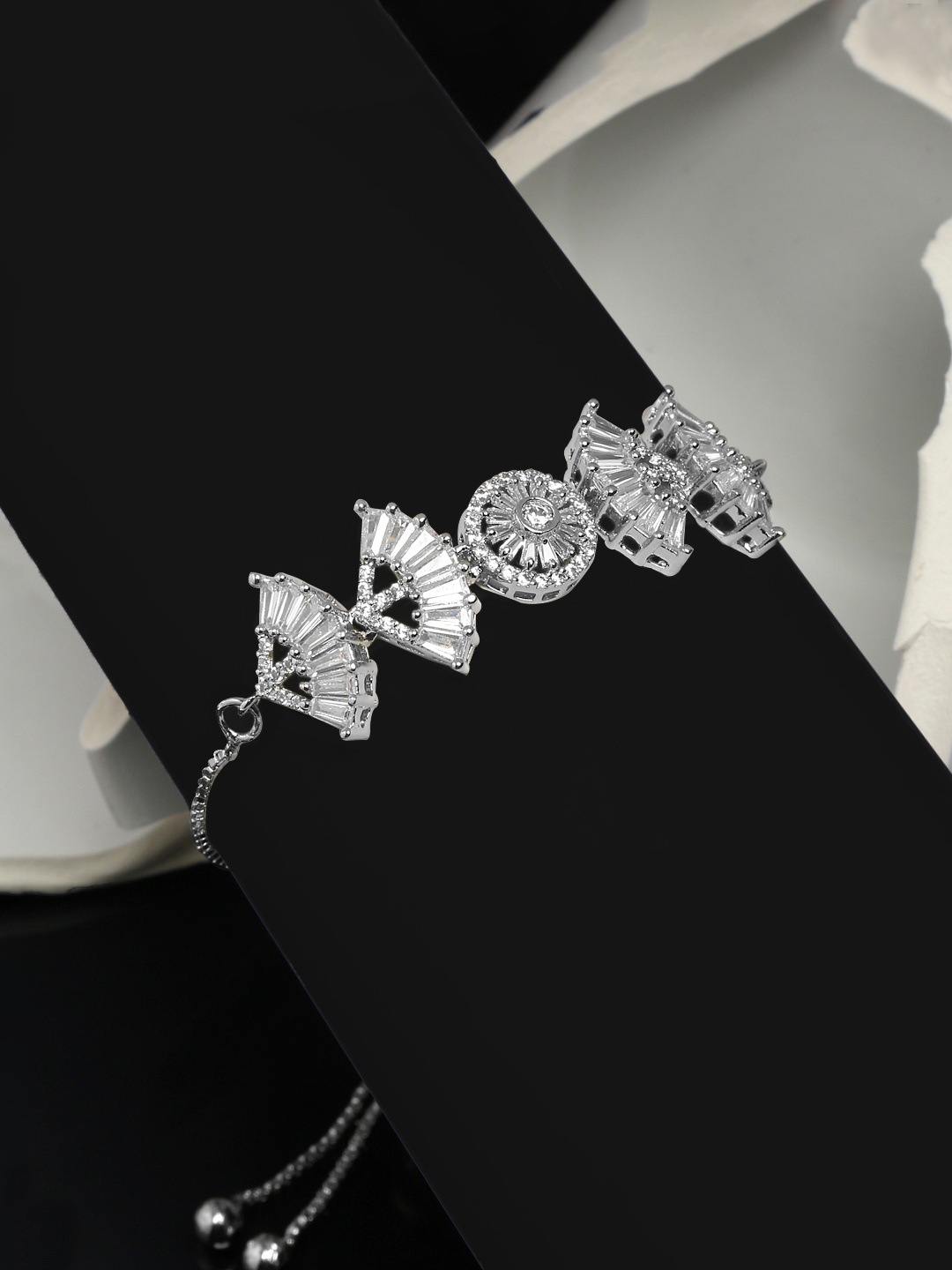 

Yellow Chimes Women Silver American Diamond Rhodium-Plated Wraparound Bracelet