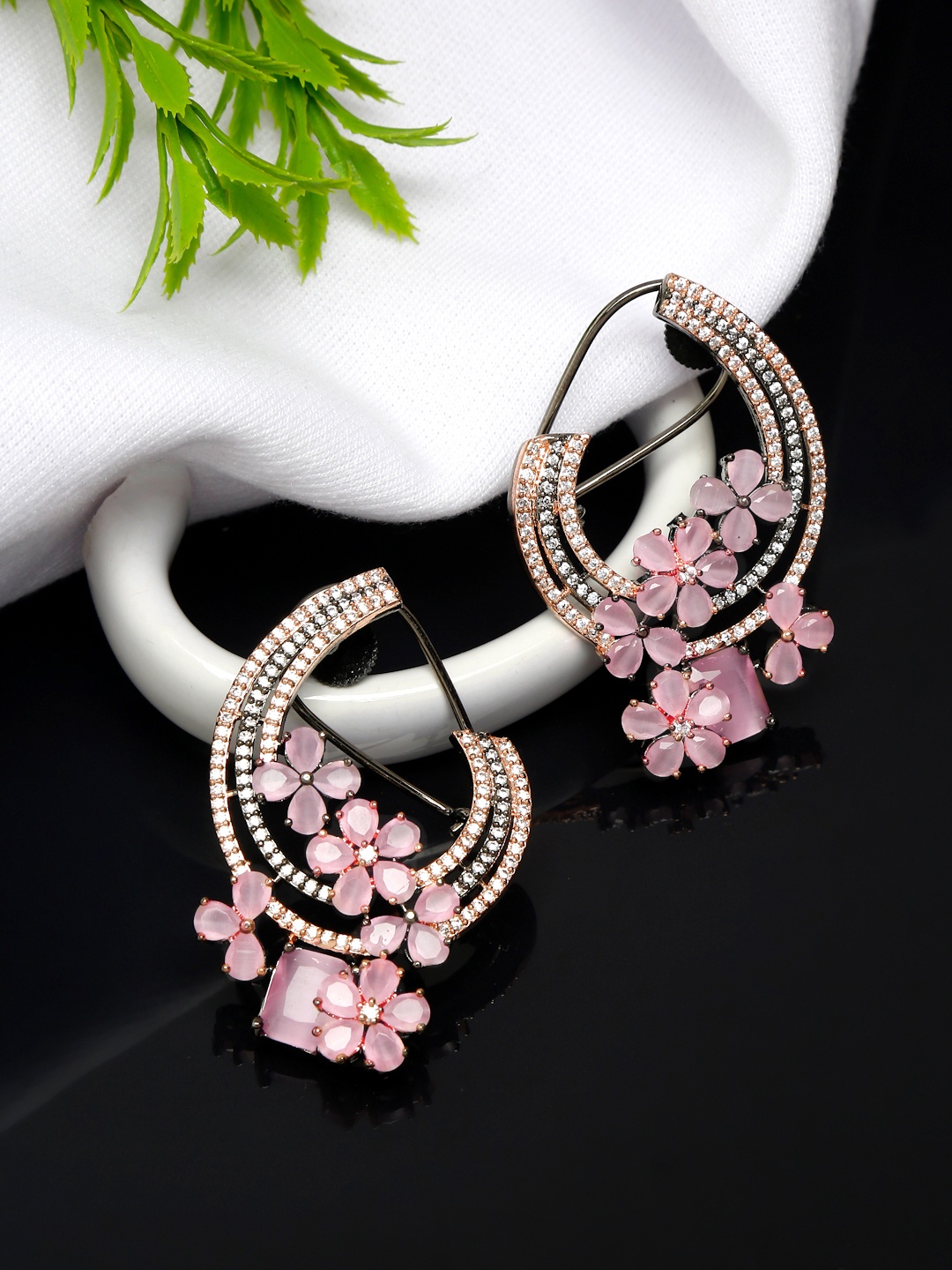 

Yellow Chimes Pink Rhodium-Plated Pink AD-Studded Drop Earrings