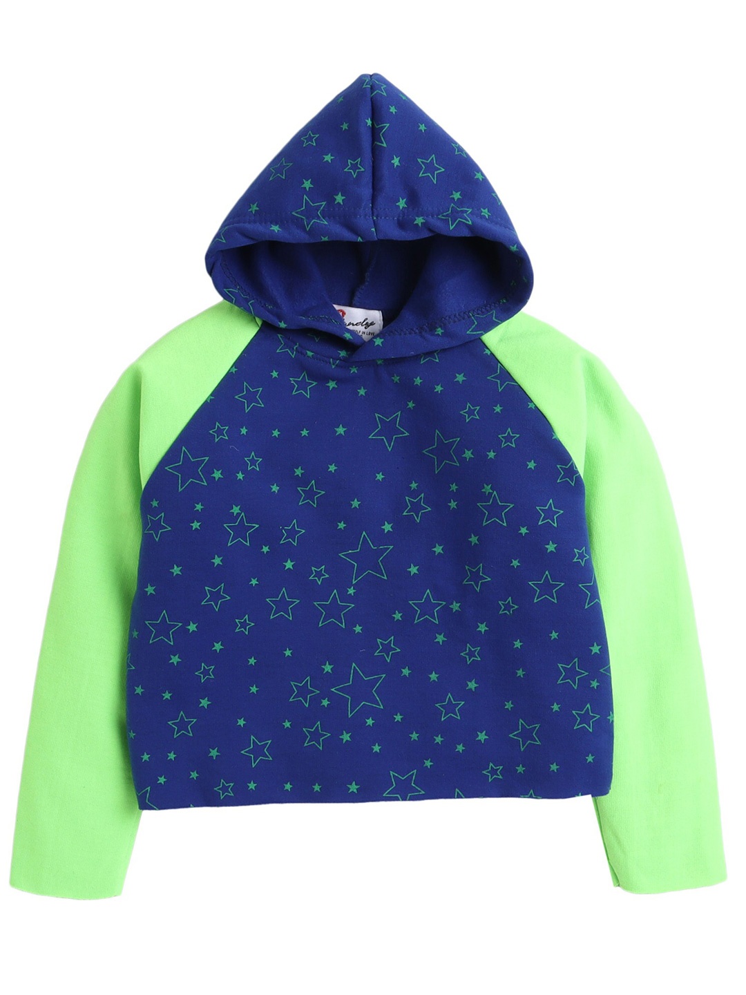 

Hopscotch Girls Blue & Green Colorblocked Printed Hooded Sweatshirt