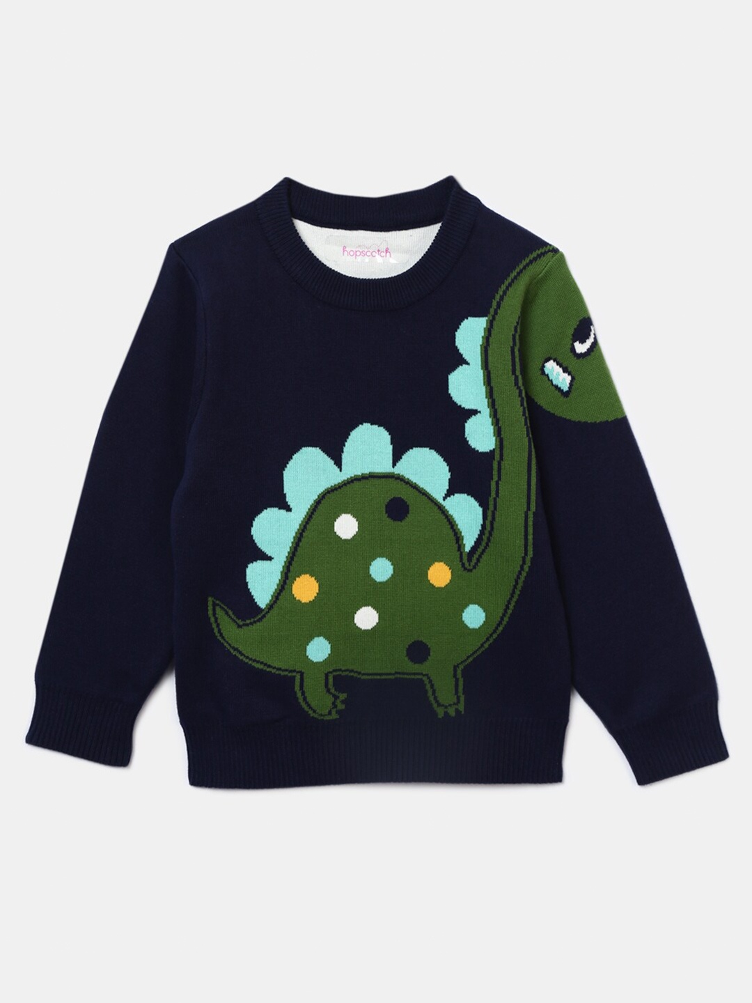 

Hopscotch Boys Blue & Green Full Sleeves Animal Printed Pullover Sweater, Navy blue