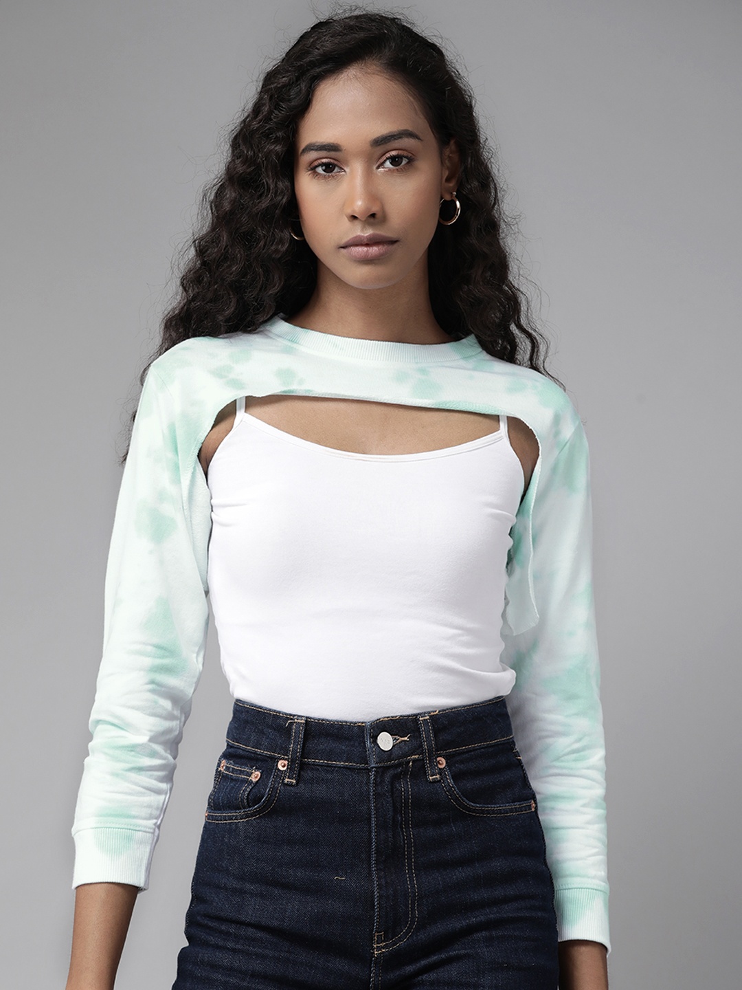 

The Dry State Sea Green & White Pure Cotton Tie and Dye Print Arm Cover Crop Top