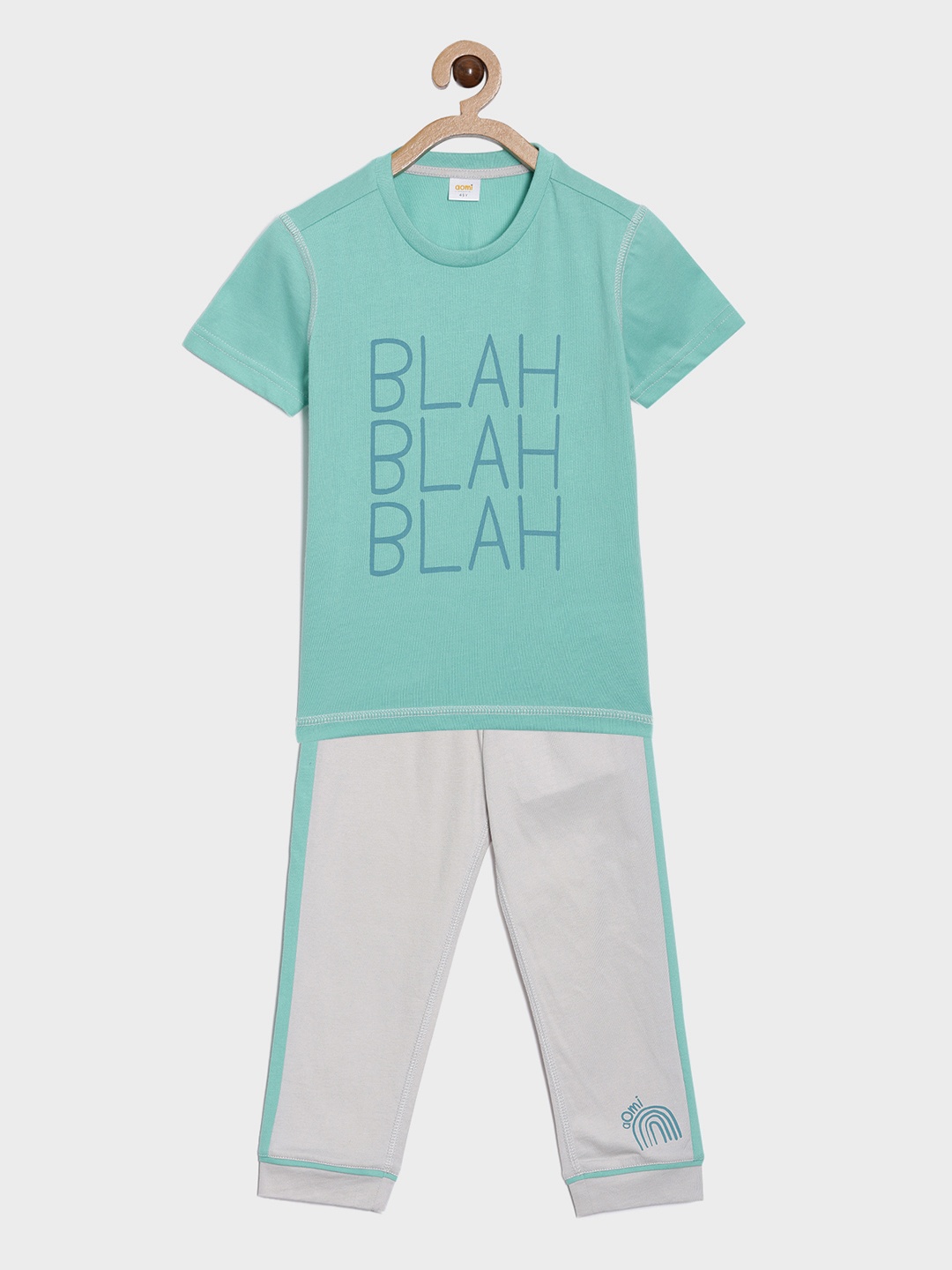 

Aomi Unisex Kids Teal & White Graphic Printed Night suit