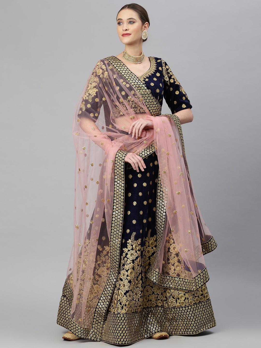 

Readiprint Fashions Blue & Gold-Toned Embroidered Sequinned Semi-Stitched Lehenga & Unstitched Blouse With