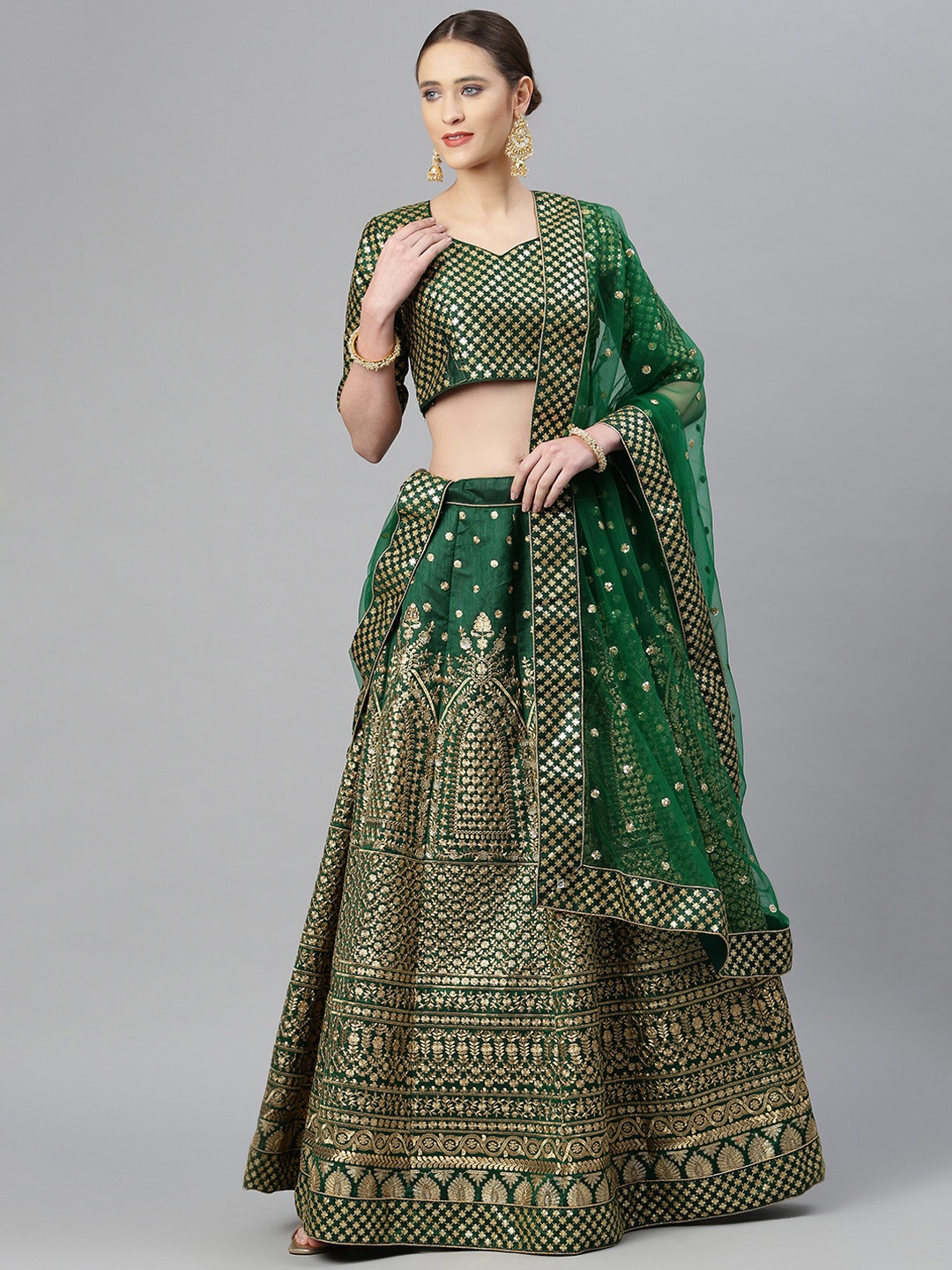 

Readiprint Fashions Green & Gold-Toned Sequinned Semi-Stitched Lehenga & Unstitched Blouse