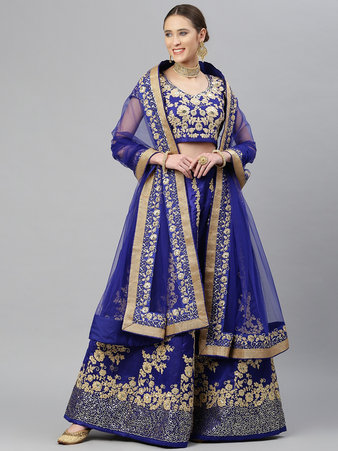 

Readiprint Fashions Blue & Gold Embroidered Semi-Stitched Lehenga & Unstitched Blouse