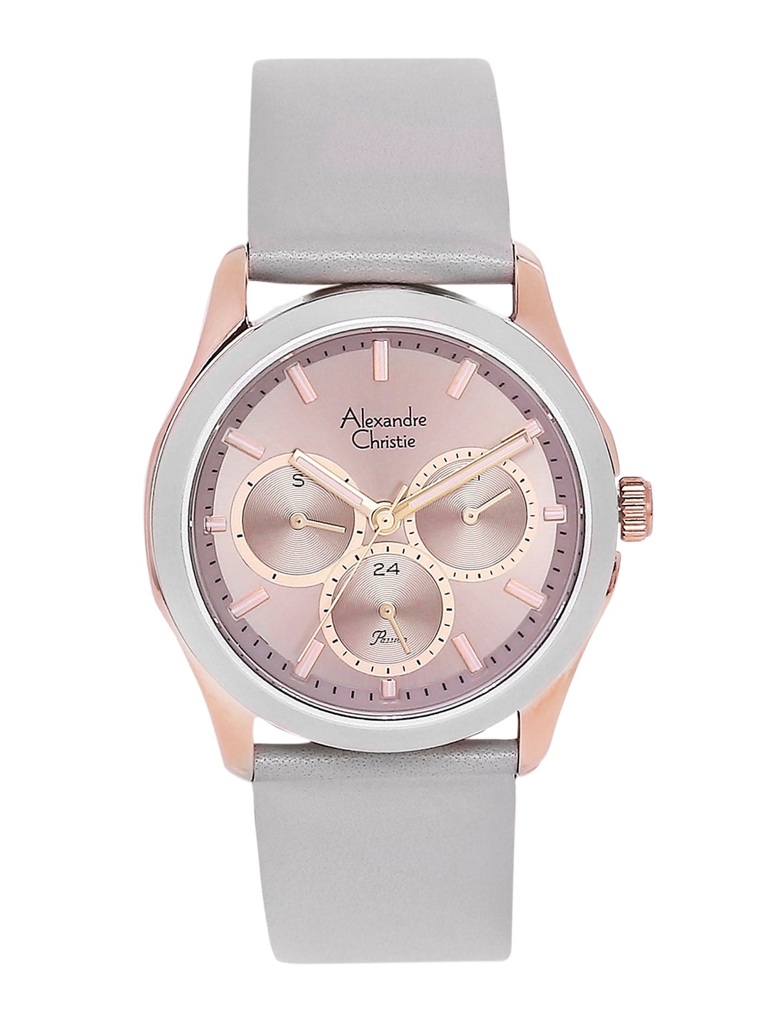 

Alexandre Christie Women Pink Dial & Grey Leather Straps Analogue Watch 2968BFLRGGR