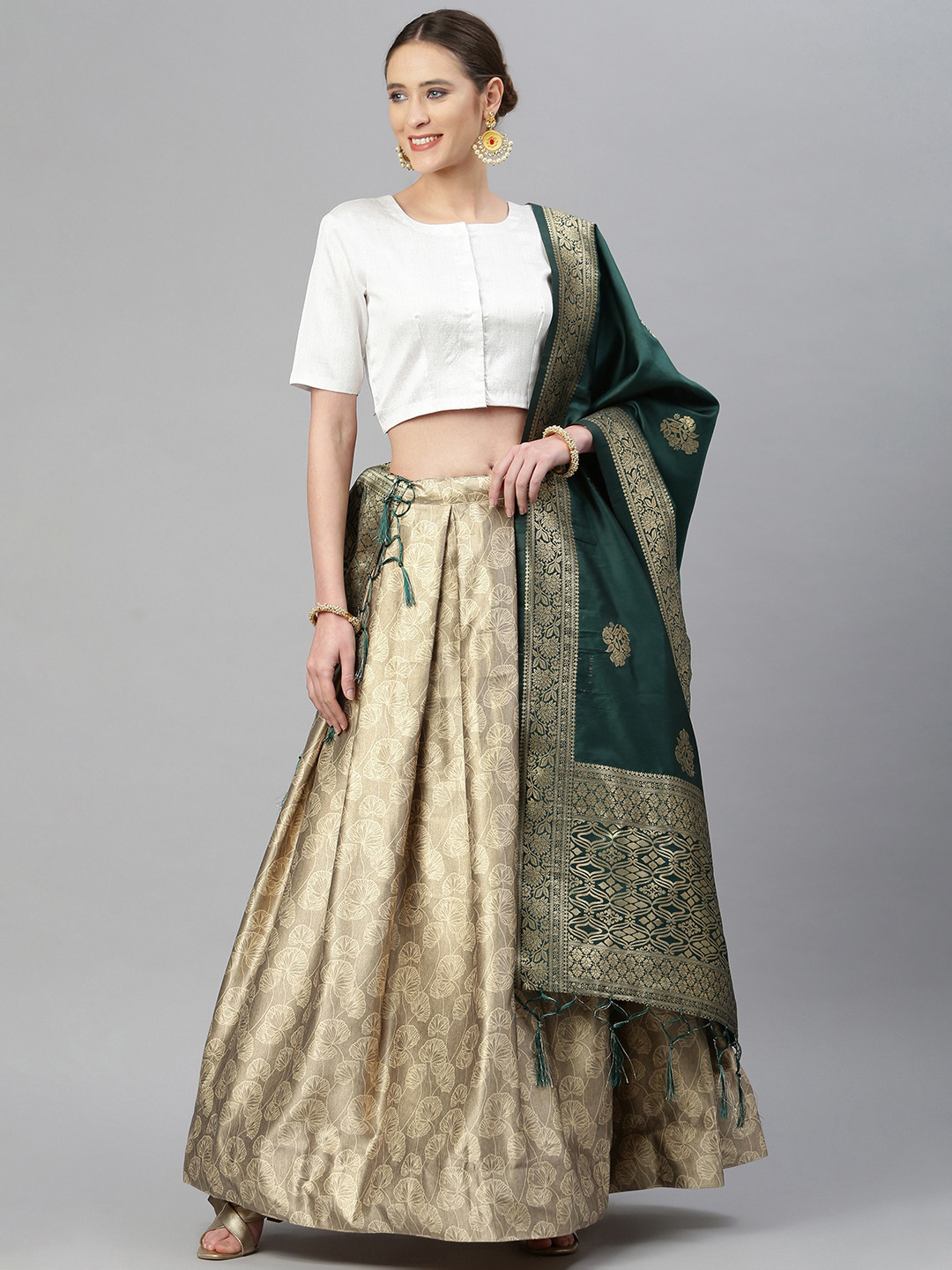 

Readiprint Fashions Beige & White Semi-Stitched Lehenga & Unstitched Blouse With Dupatta
