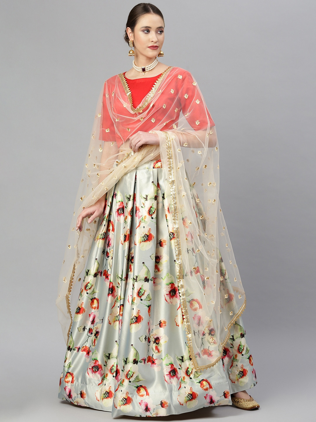 

Readiprint Fashions Grey & Red Semi-Stitched Lehenga & Unstitched Blouse With Dupatta