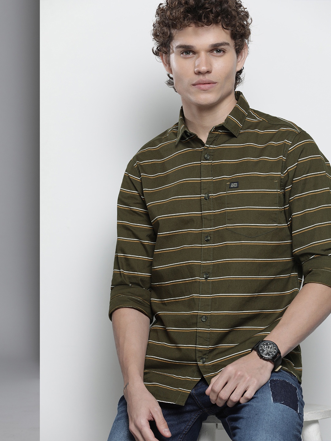

The Indian Garage Co Men Olive Green & White Striped Cotton Casual Shirt