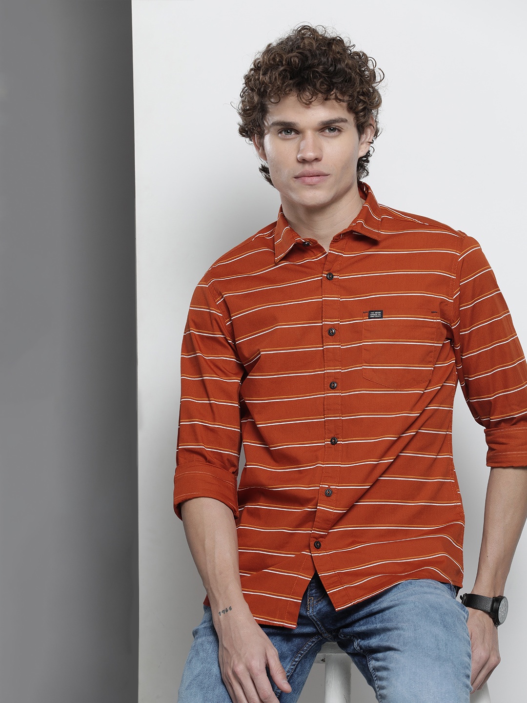 

The Indian Garage Co Men Rust Horizontal Striped Casual Shirt