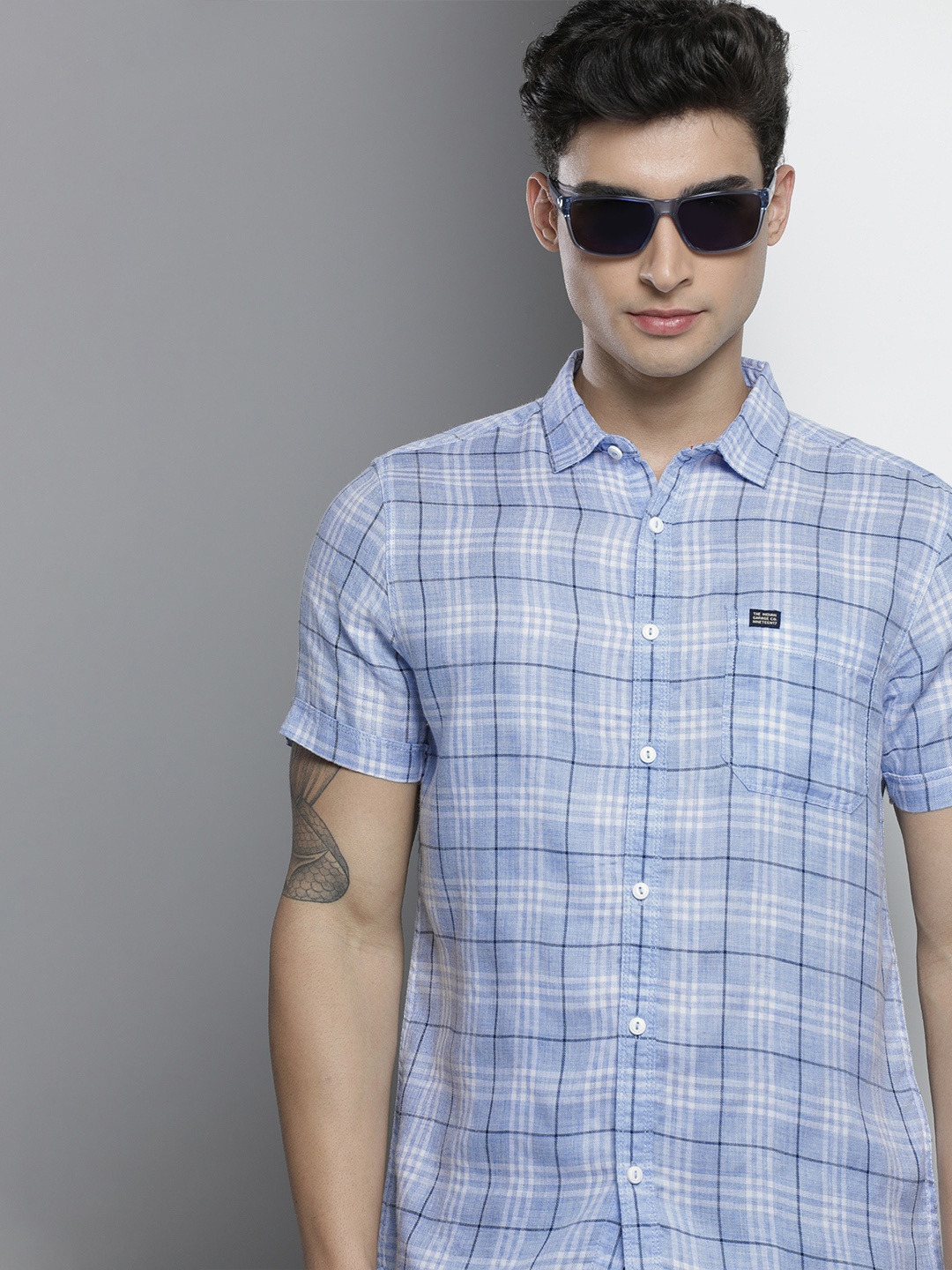 

The Indian Garage Co Men Blue Tartan Checked Casual Shirt