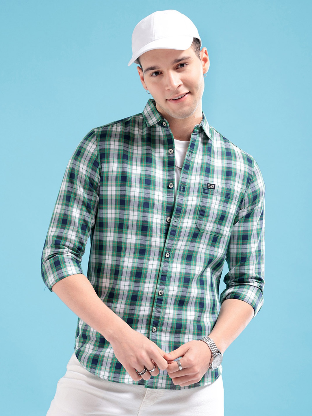 

The Indian Garage Co Men Green & Navy Blue Checked Casual Shirt