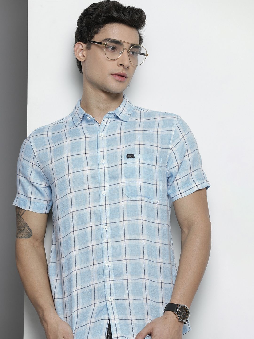 

The Indian Garage Co Men Blue Windowpane Checks Checked Casual Shirt