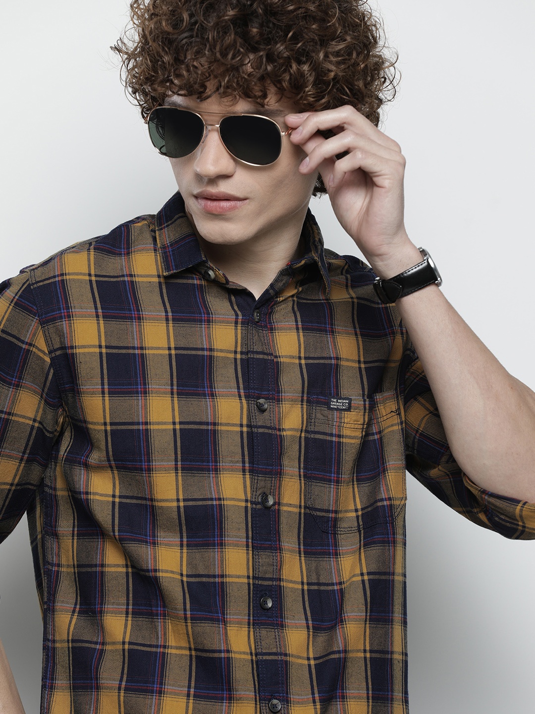 

The Indian Garage Co Men Navy Blue & Mustard Yellow Checked Casual Shirt