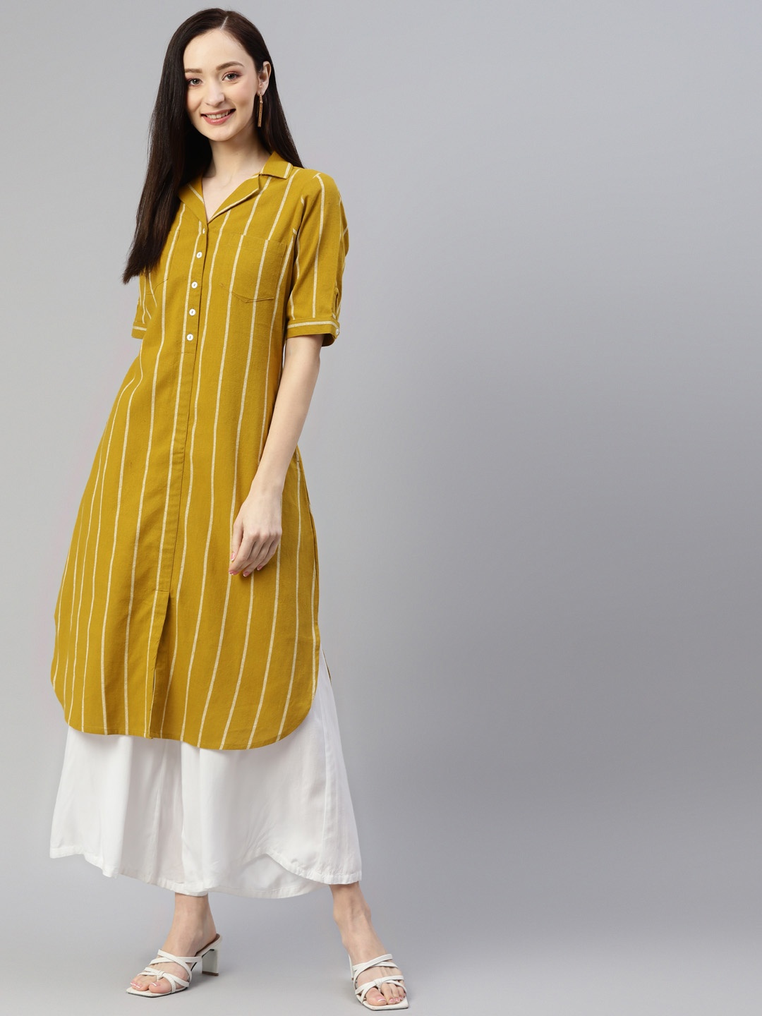 

Ayaany Mustard Yellow Striped Linen Ethnic A-Line Dress