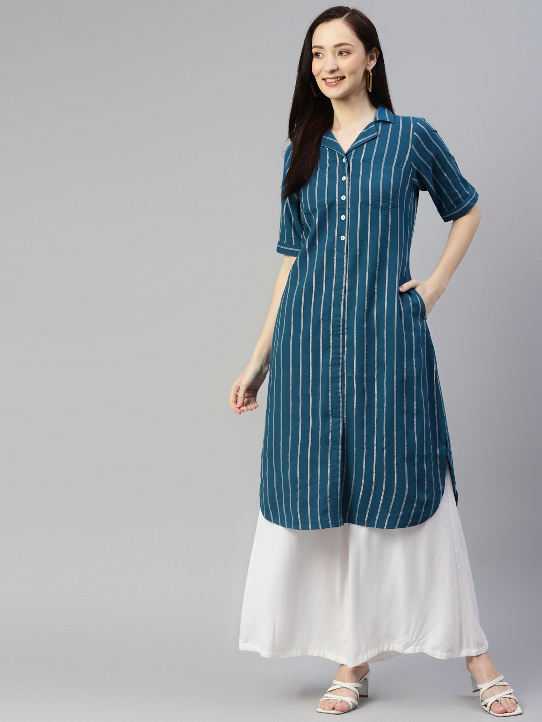 

Ayaany Blue Striped Linen Ethnic A-Line Dress