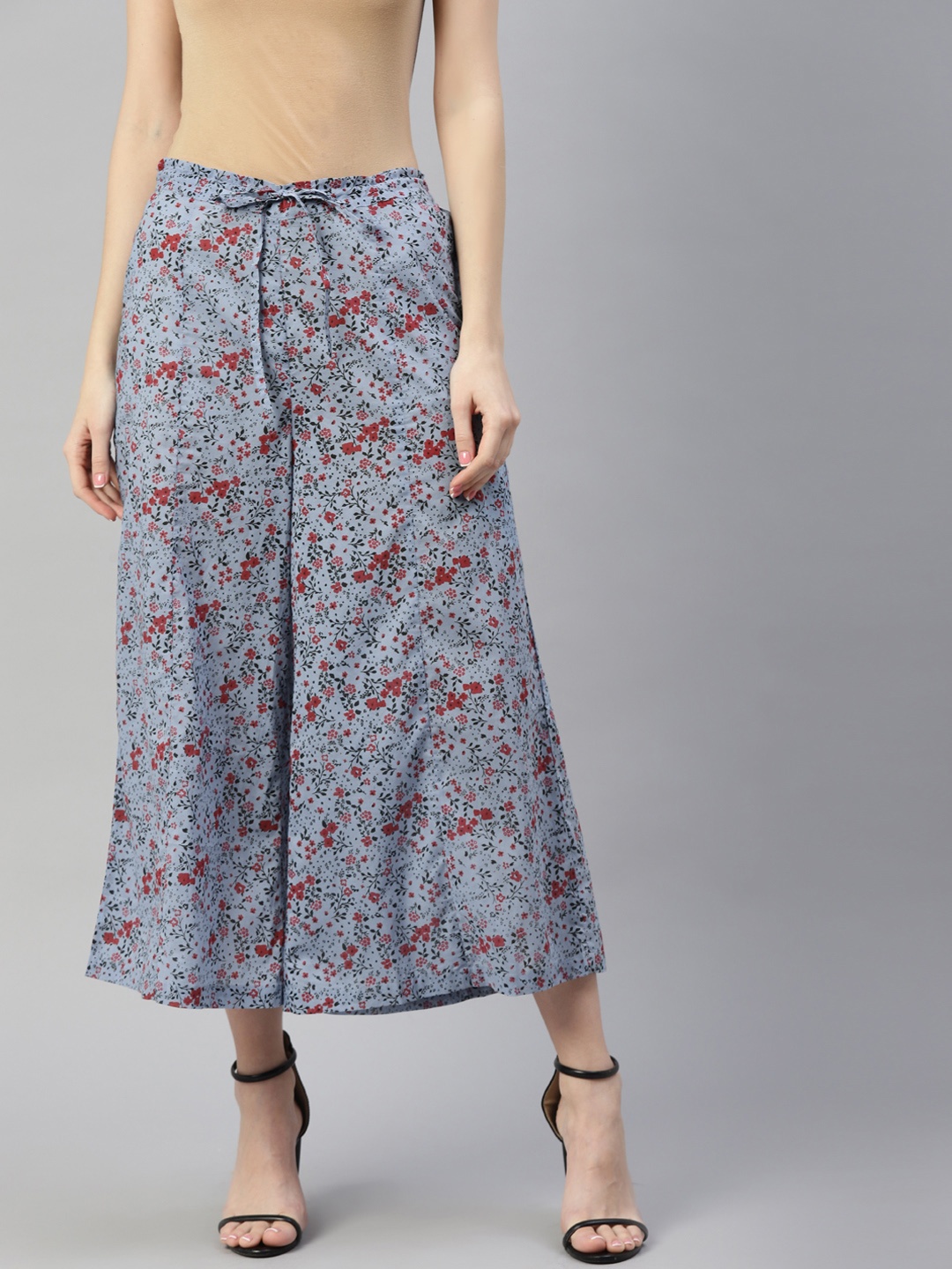 

Ayaany Women Blue Cotton Floral Printed Flared Cropped Palazzos