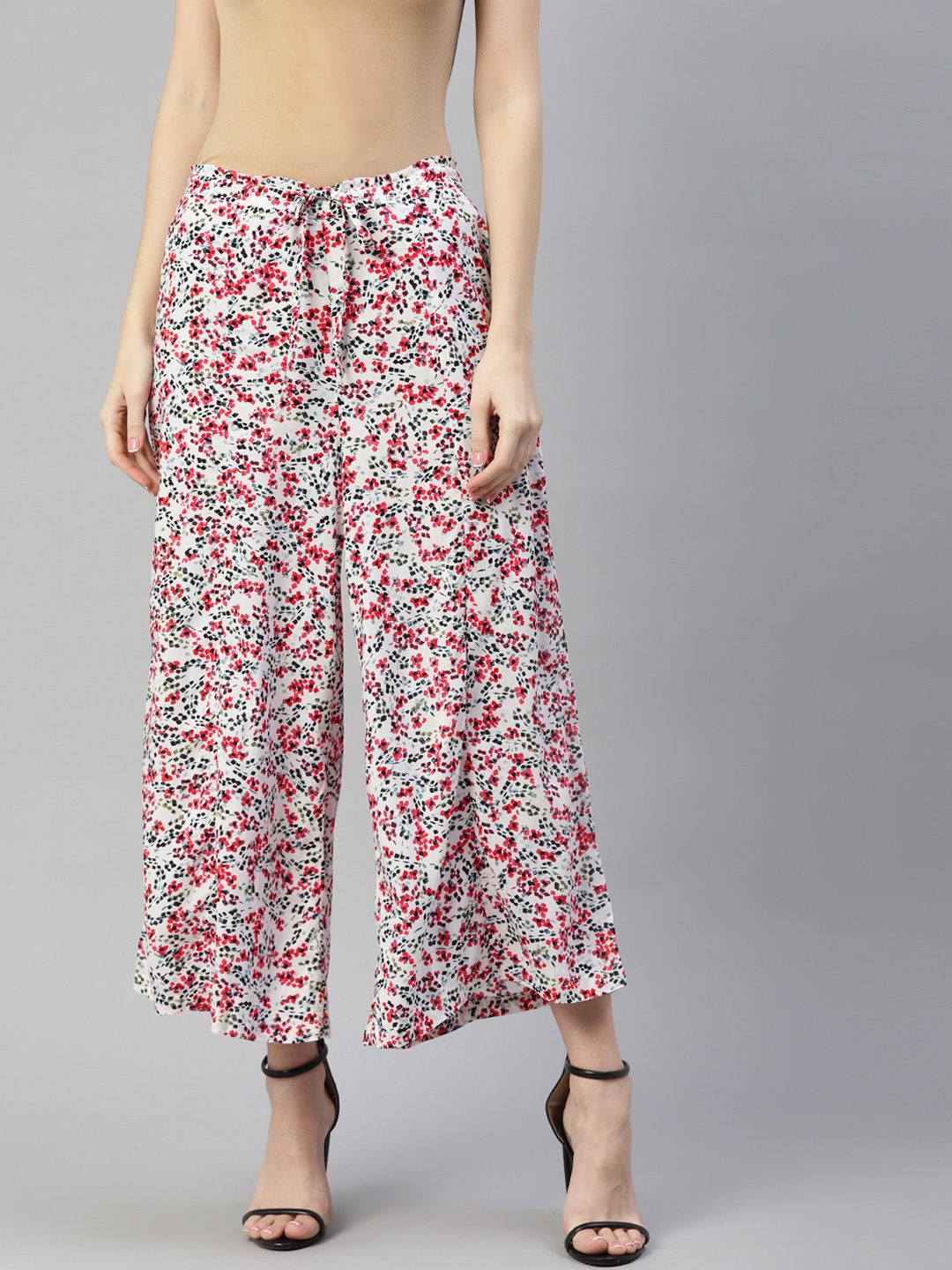 

Ayaany Women White & Red Cotton Flared Cropped Palazzos