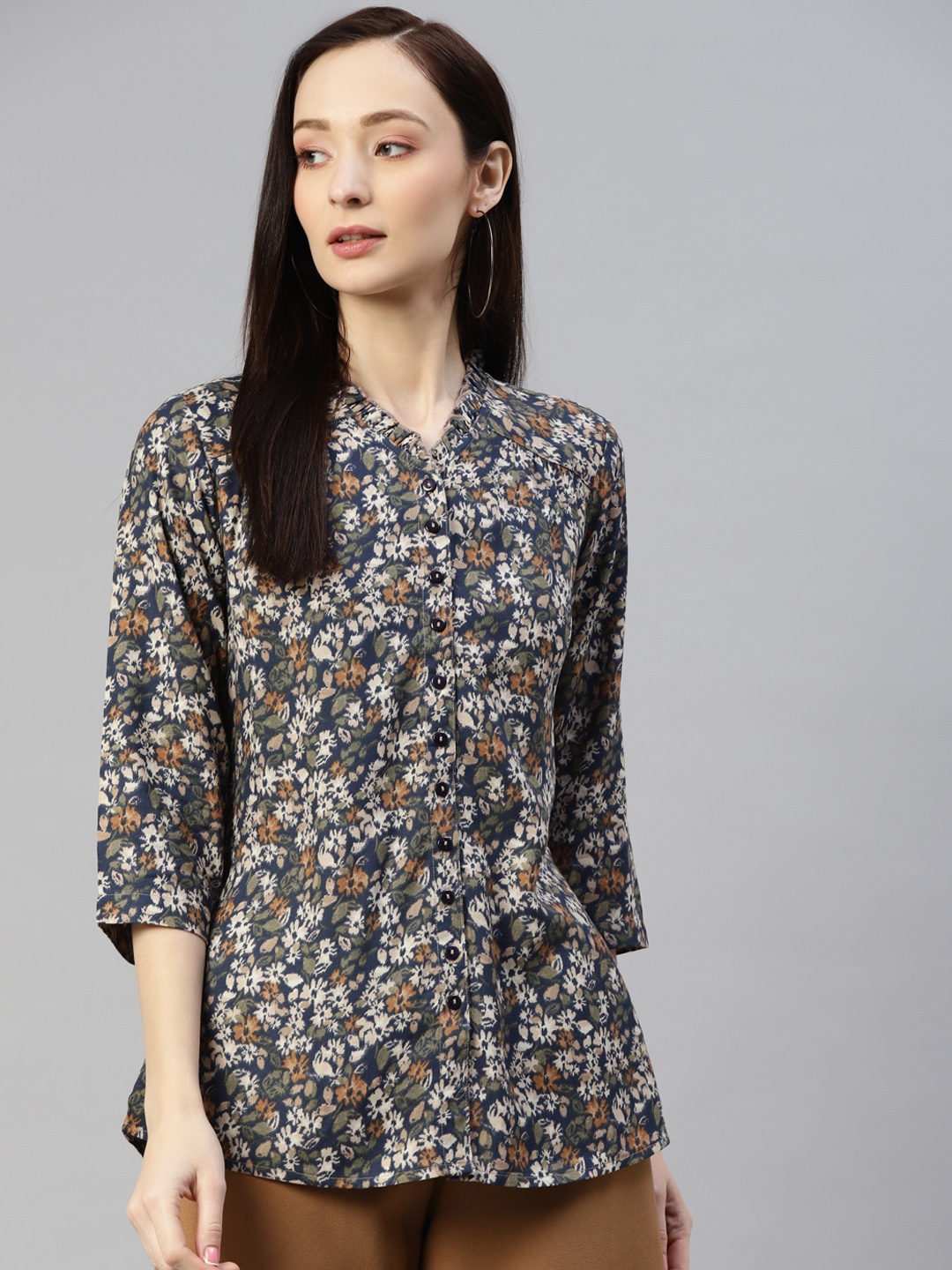 

Ayaany Women Blue Cotton Floral Printed Casual Shirt