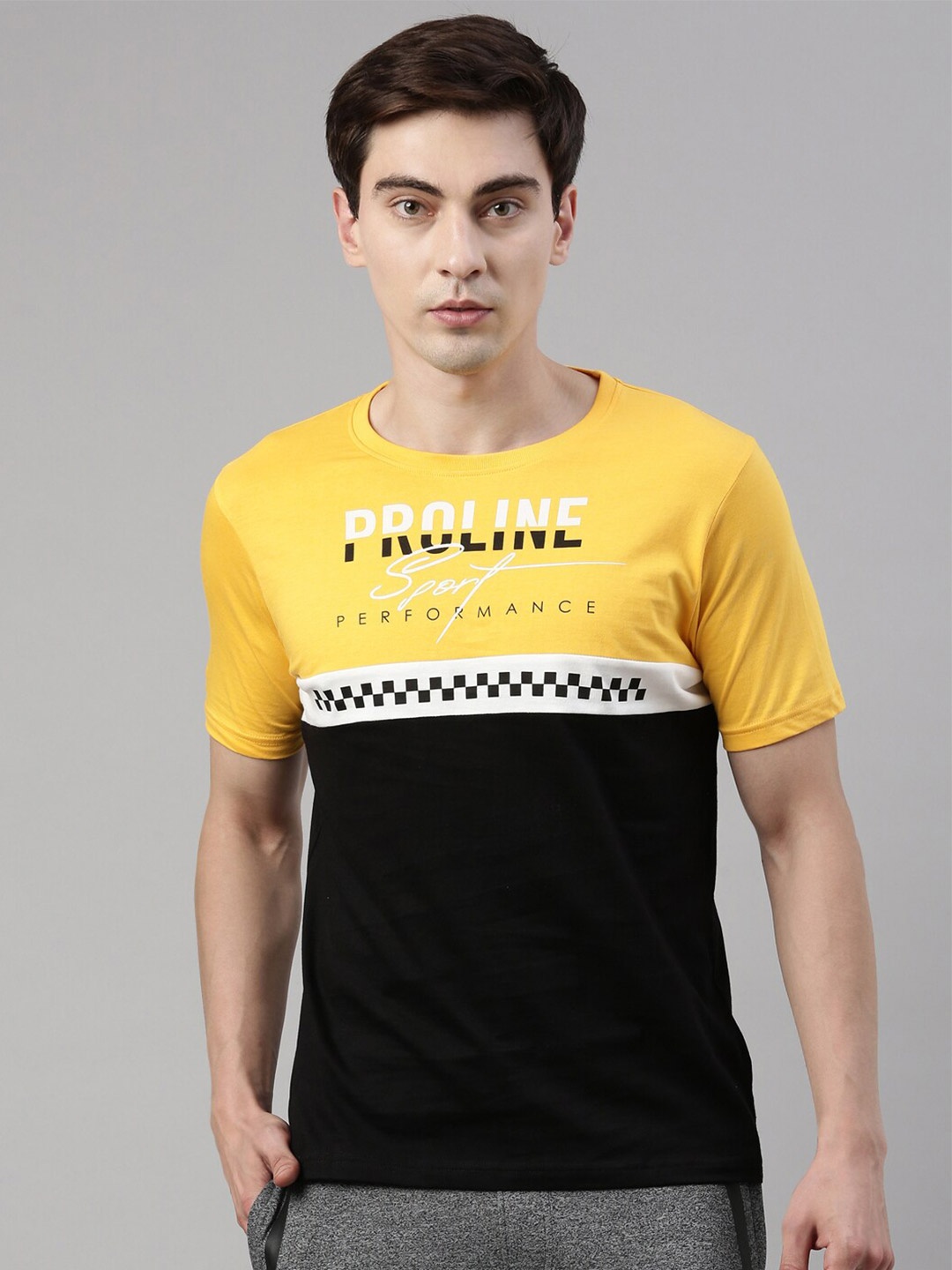

Proline Men Black & Yellow Colourblocked Cotton T-shirt
