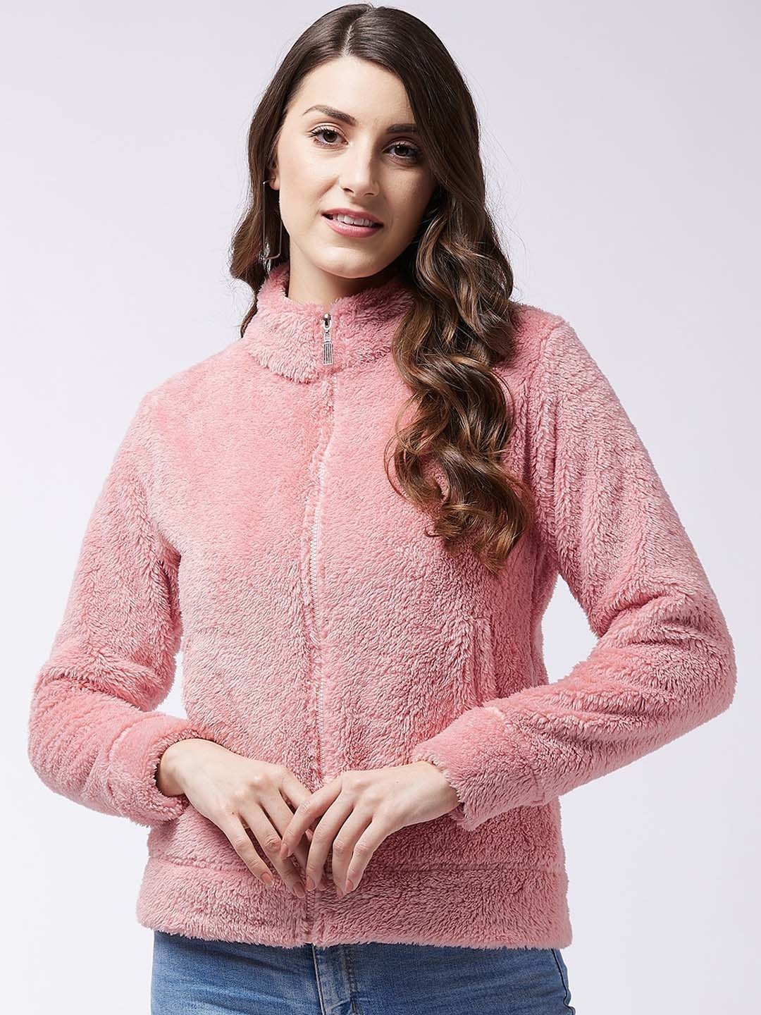 

Modeve Women Pink Solid Fleece Lightweight Regular Tailored Jacket