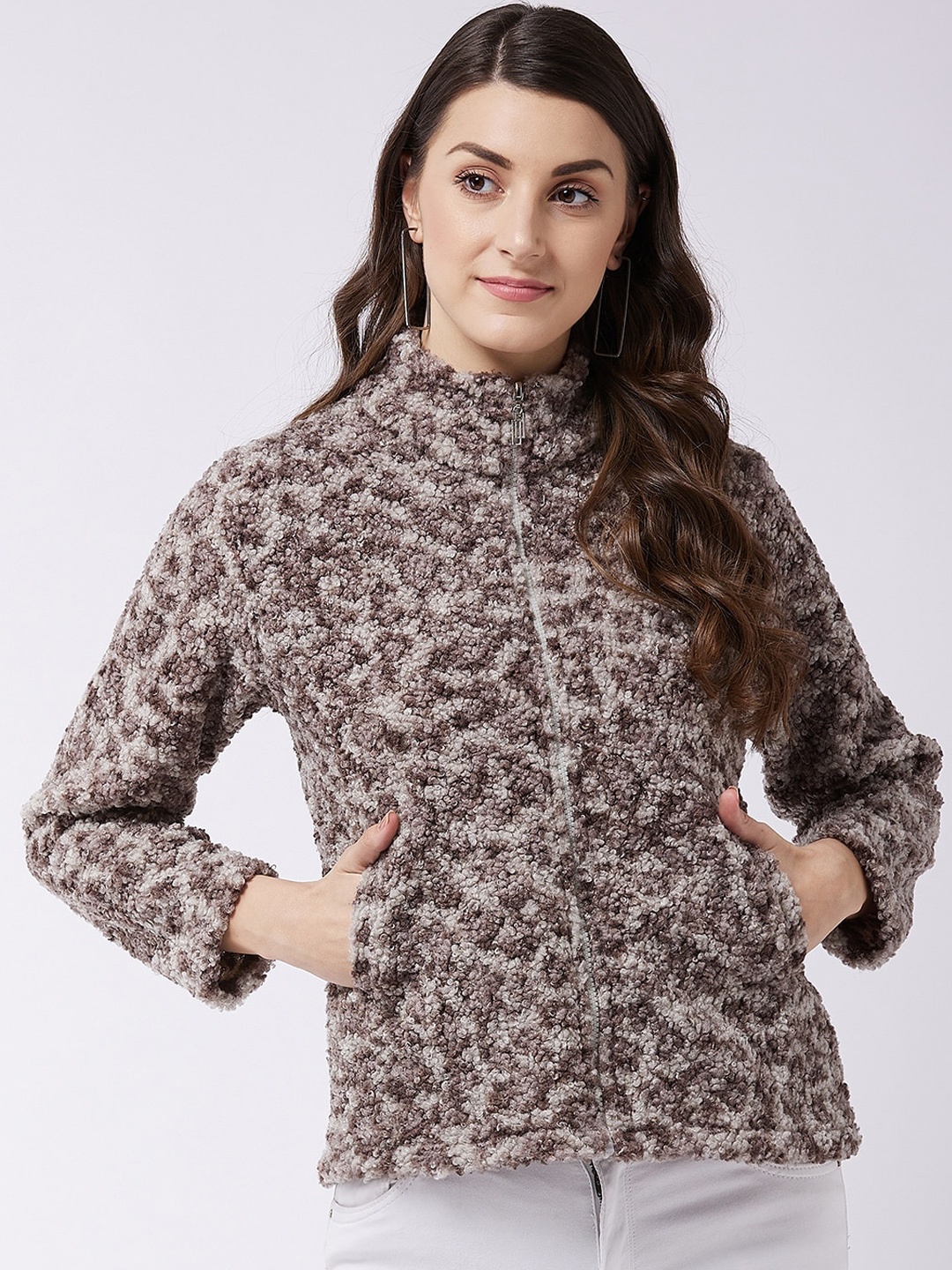 Modeve Women Coffee Brown Self Design Fleece Lightweight Sherpa Jacket