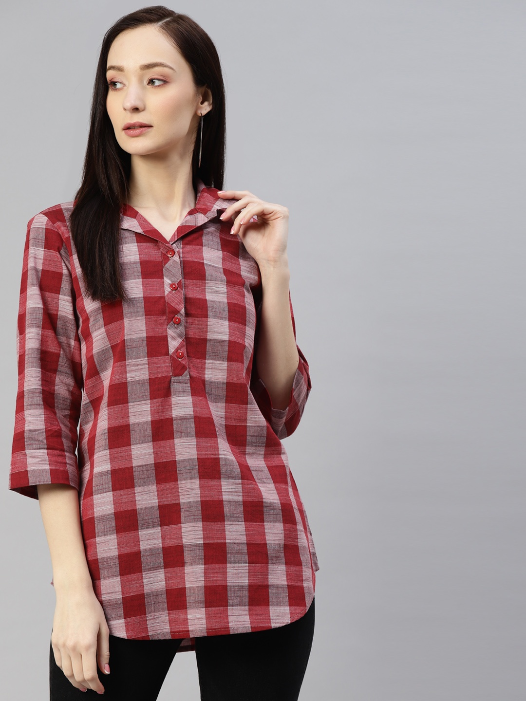 

Ayaany Red Checked Shirt Style Cotton Top