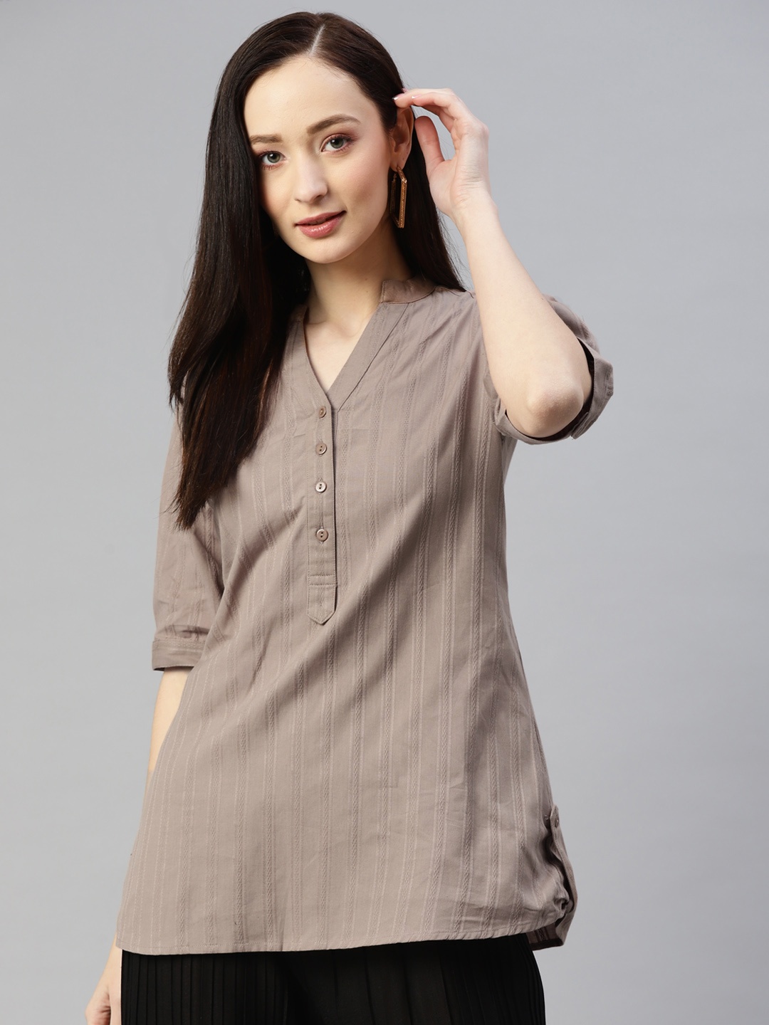 

Ayaany Beige Mandarin Collar Shirt Style Cotton Top