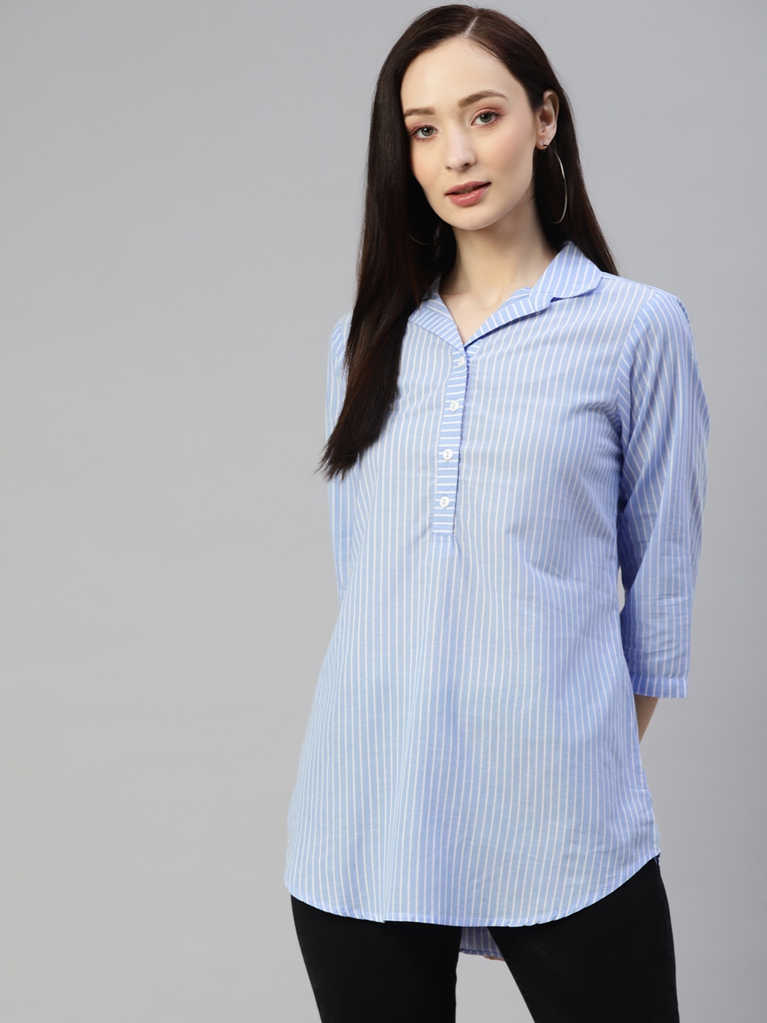 

Ayaany Blue Striped Shirt Style Cotton Top