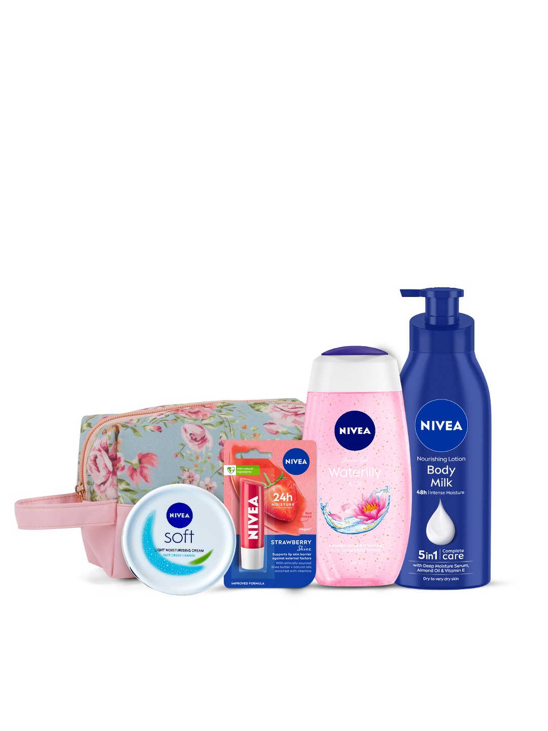 

Nivea Set of Body Lotion - Shower Gel - Face Moisturizer & Lip Balm, White