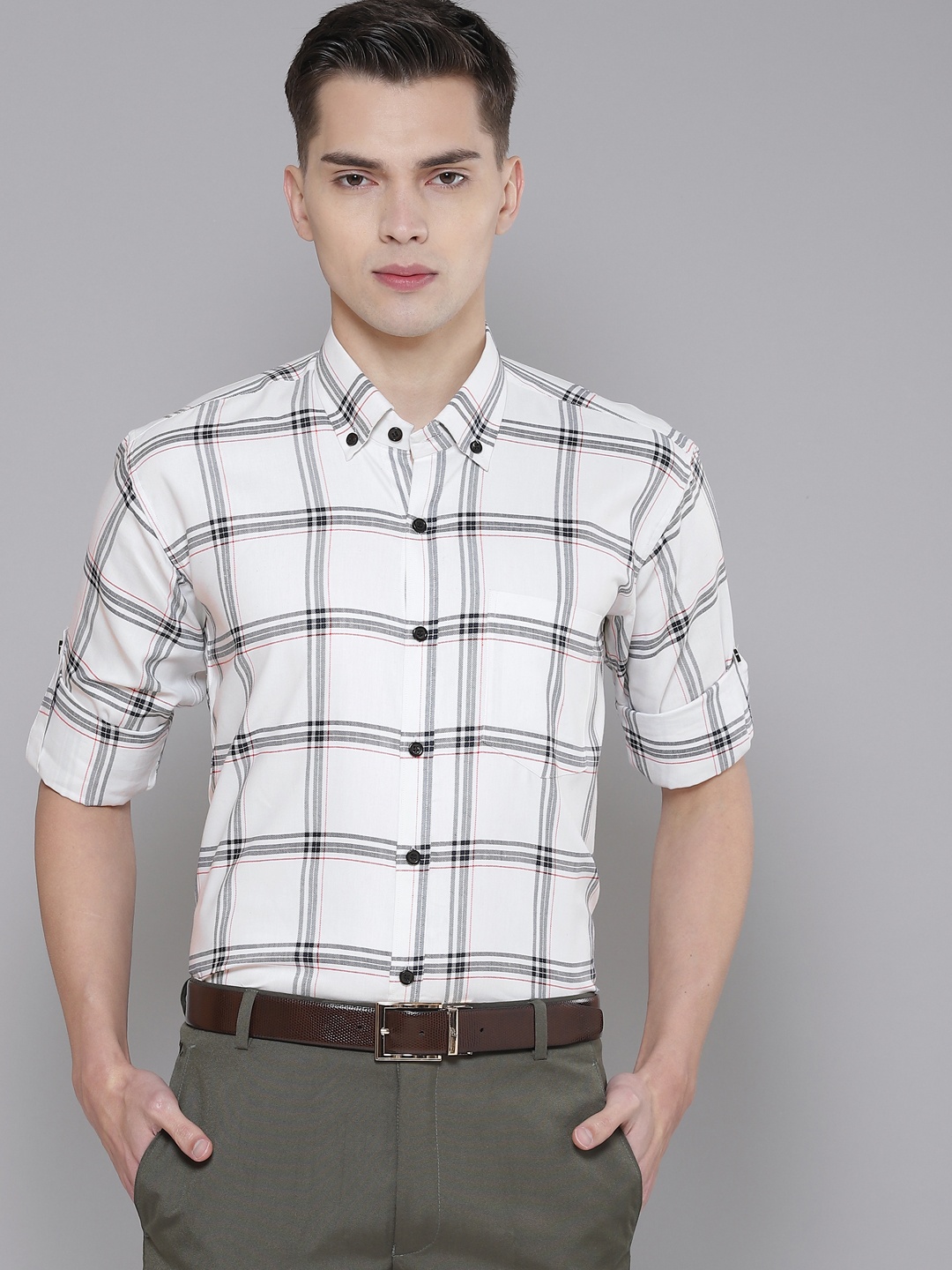 

DENNISON Men White Smart Slim Fit Checked Formal Shirt
