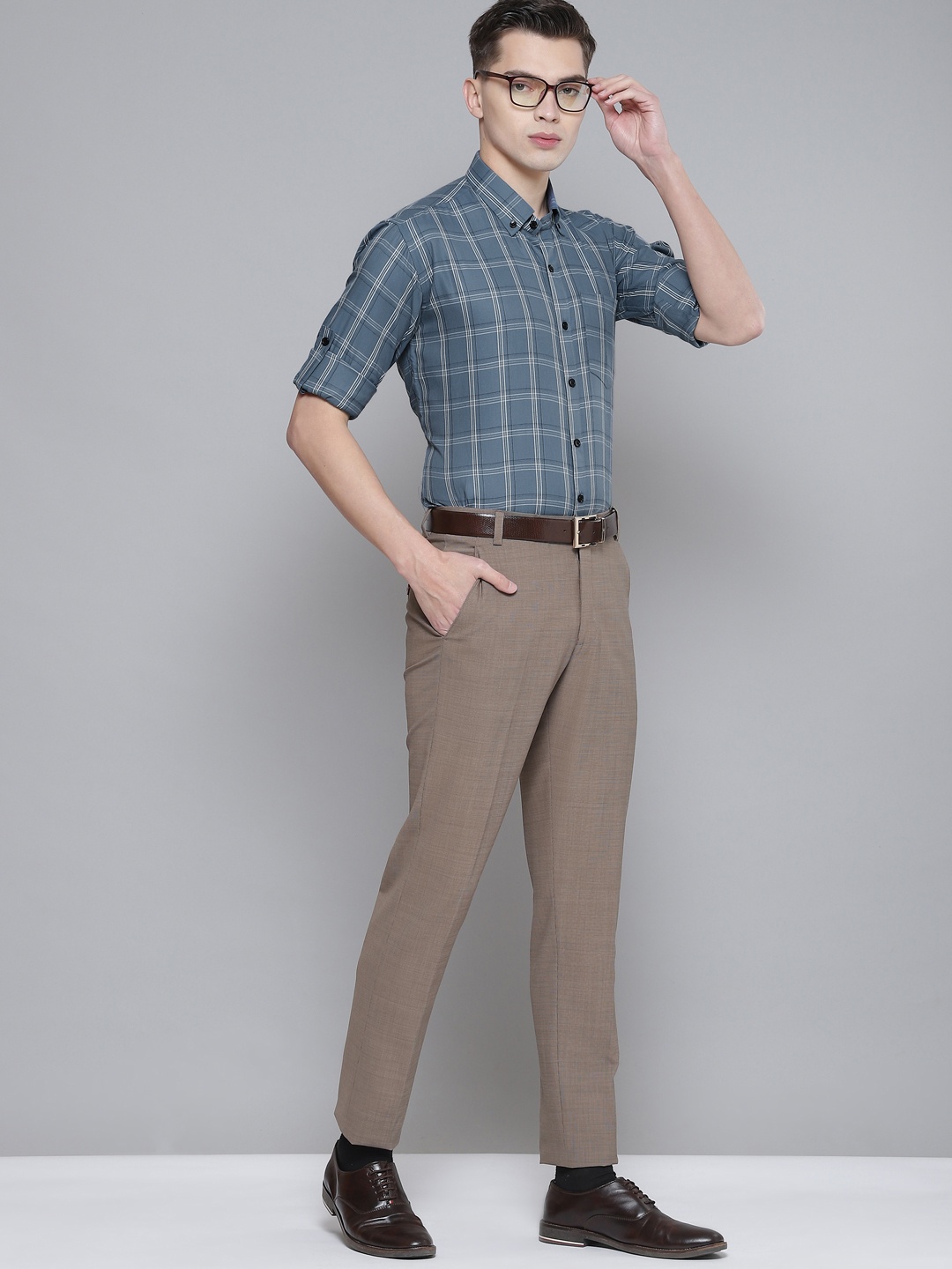 

DENNISON Men Blue Smart Slim Fit Checked Formal Shirt