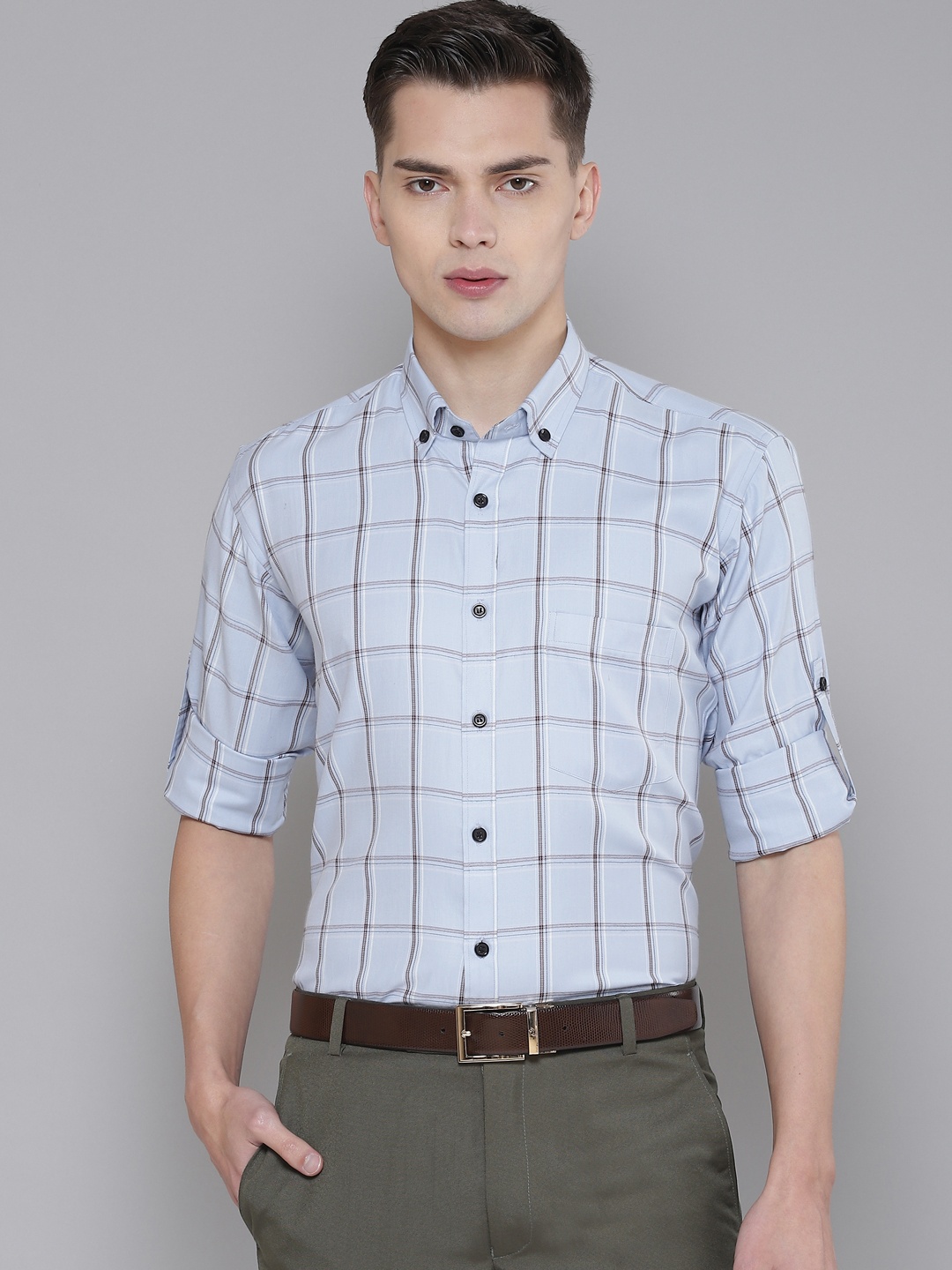 

DENNISON Men Blue Smart Slim Fit Checked Formal Shirt