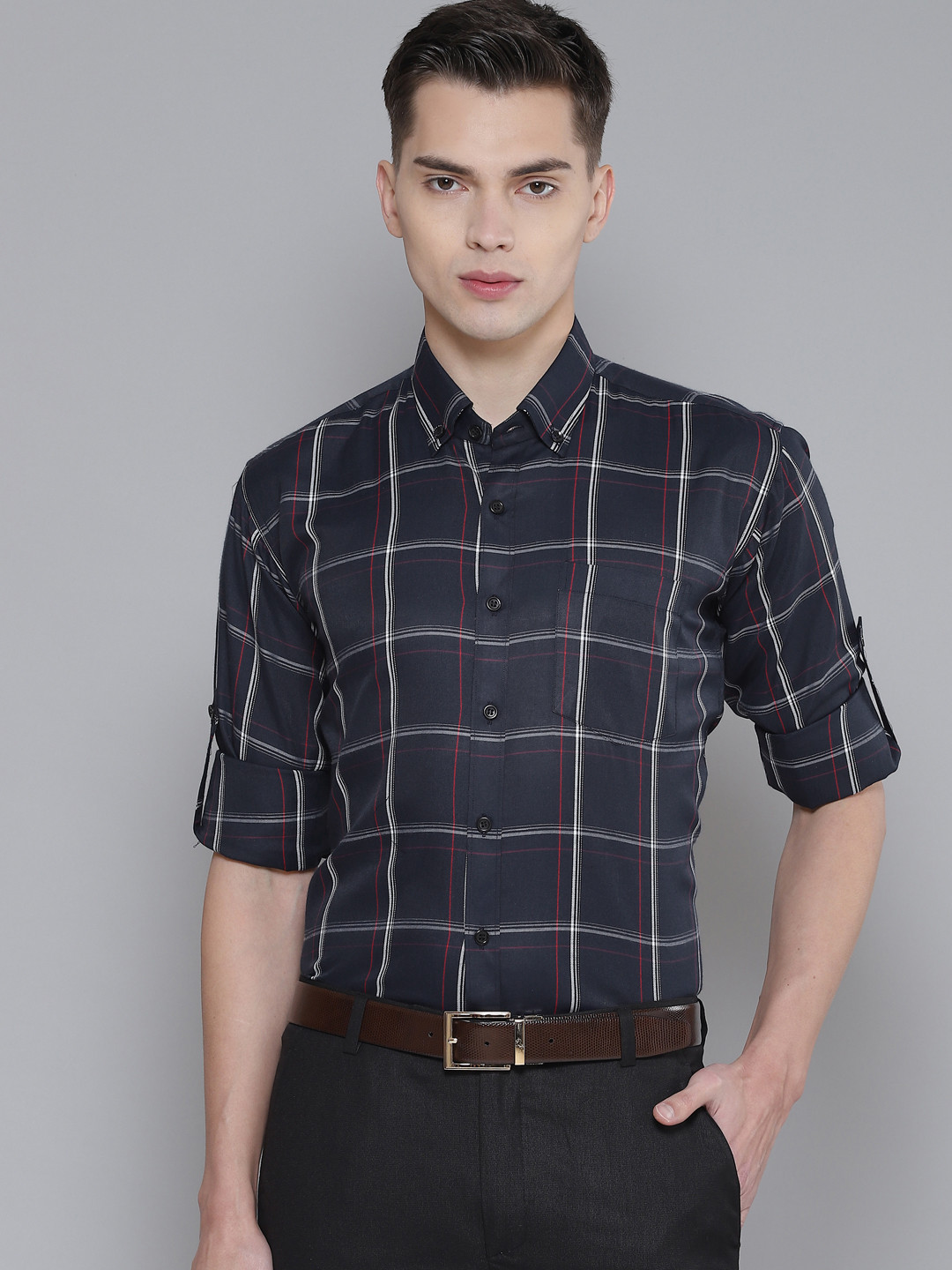 

DENNISON Men Navy Blue Smart Slim Fit Checked Formal Shirt