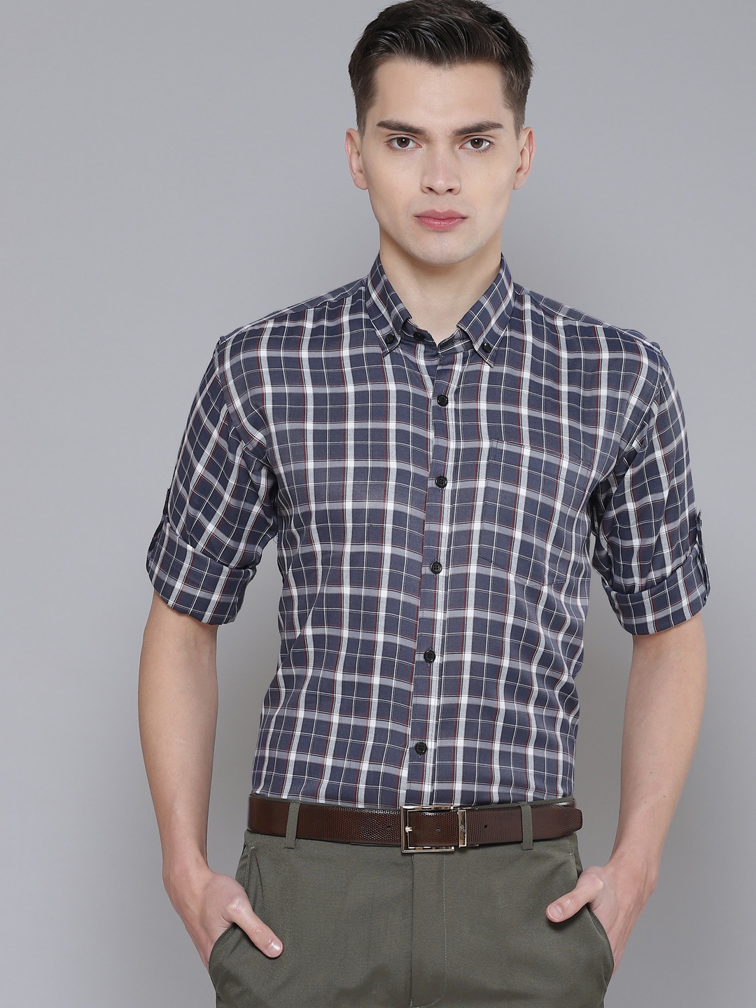 

DENNISON Men Charcoal Grey Smart Slim Fit Checked Formal Shirt