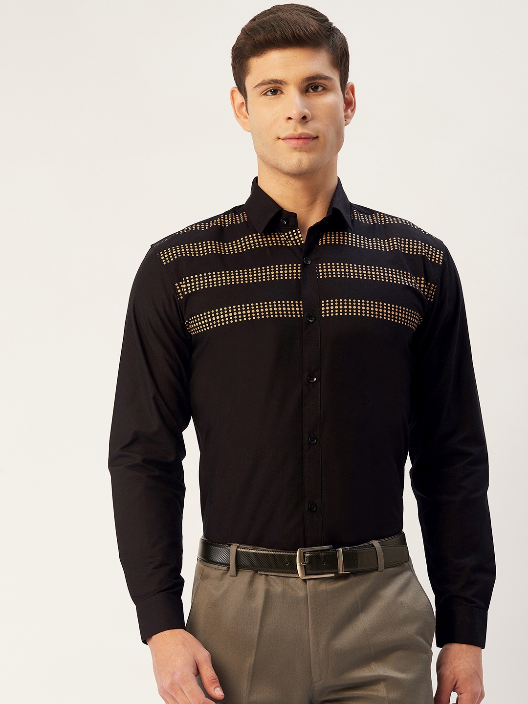 

JAINISH Men Black Comfort Regular Fit Solid Opaque Cotton Semiformal Shirt with Print
